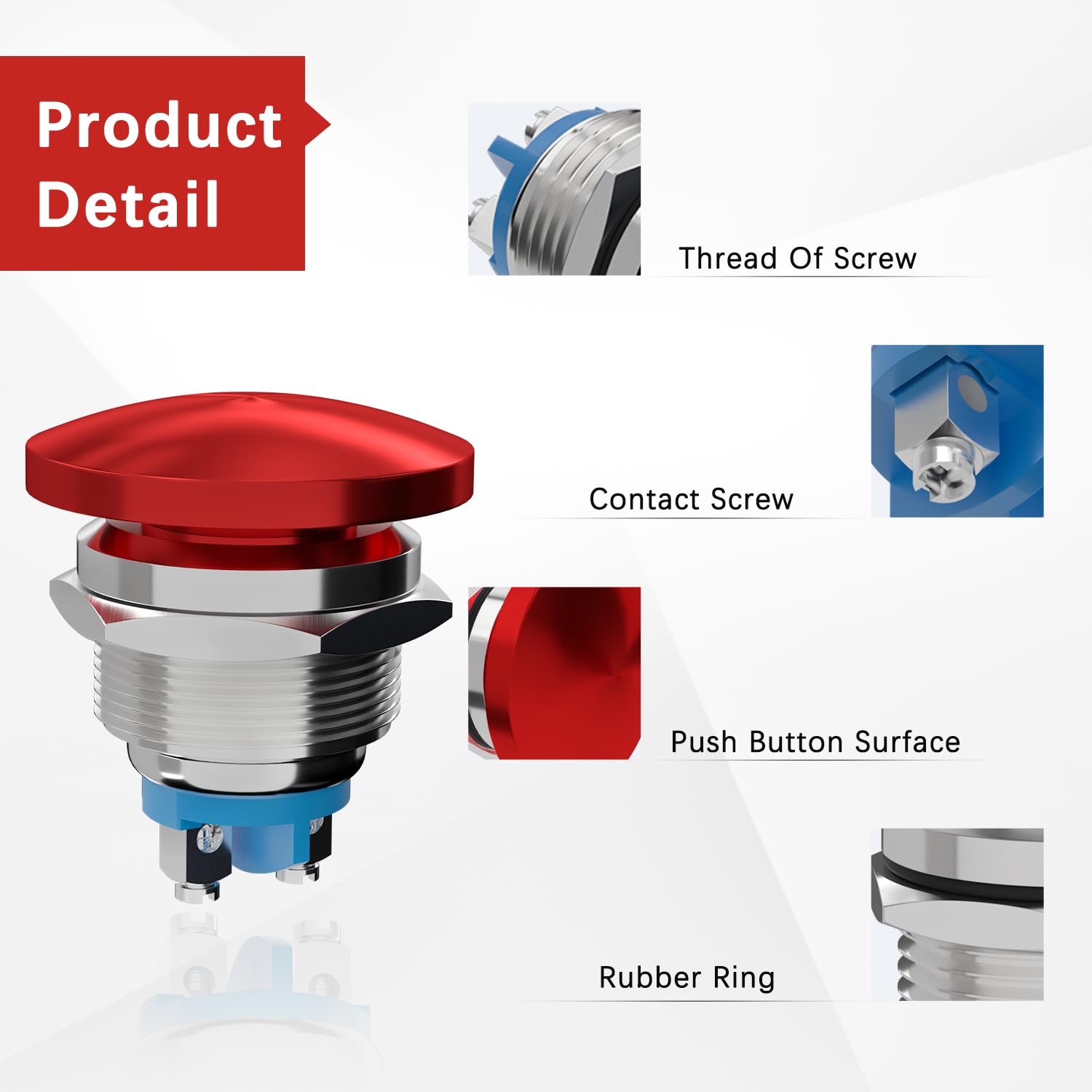 22MM Mushroom Head Push Button Switch Momentary Push Button IP65 Waterproof 12V 24V 36 DC 110V 250V AC 5A SPST 22mm, Red