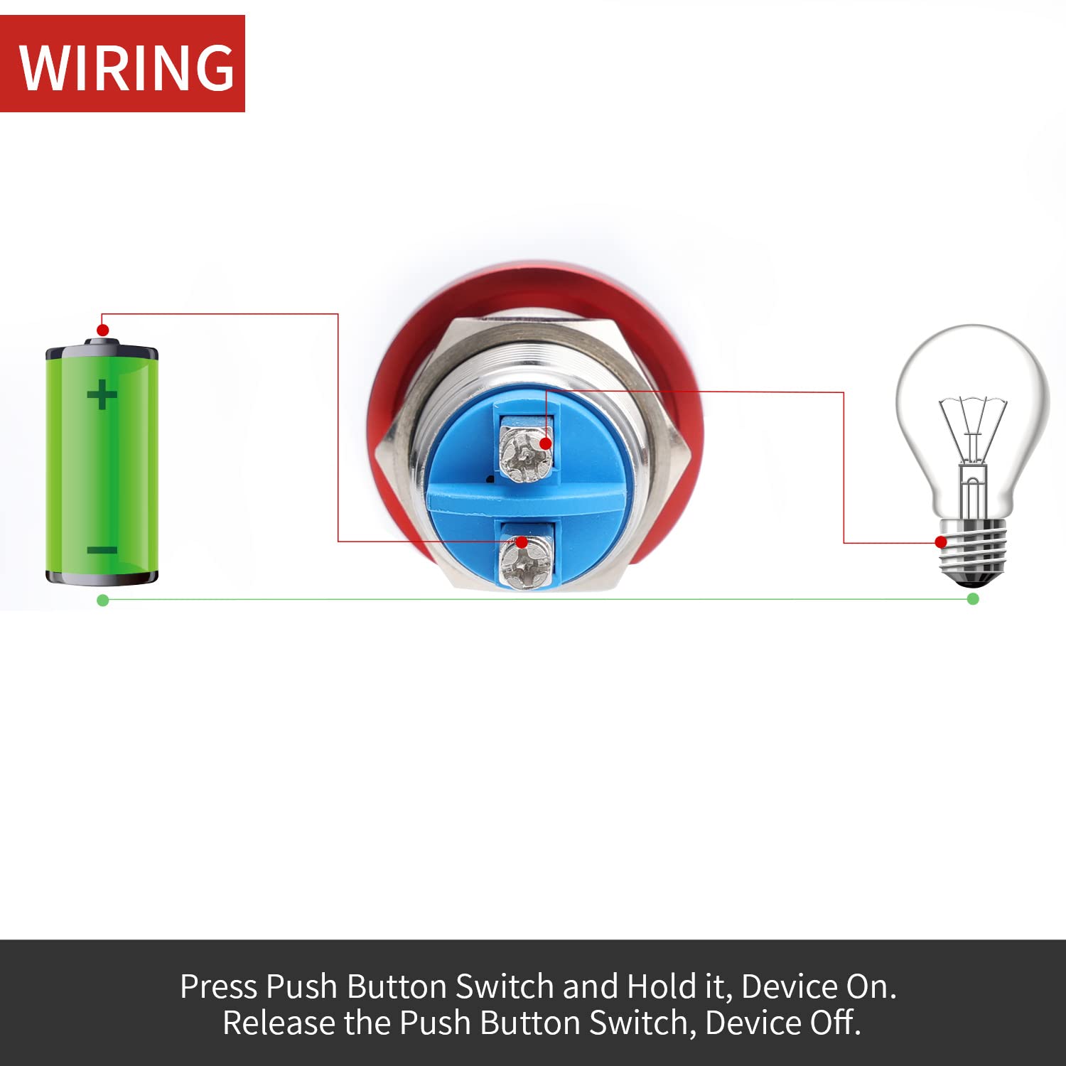 22MM Mushroom Head Push Button Switch Momentary Push Button IP65 Waterproof 12V 24V 36 DC 110V 250V AC 5A SPST 22mm, Red