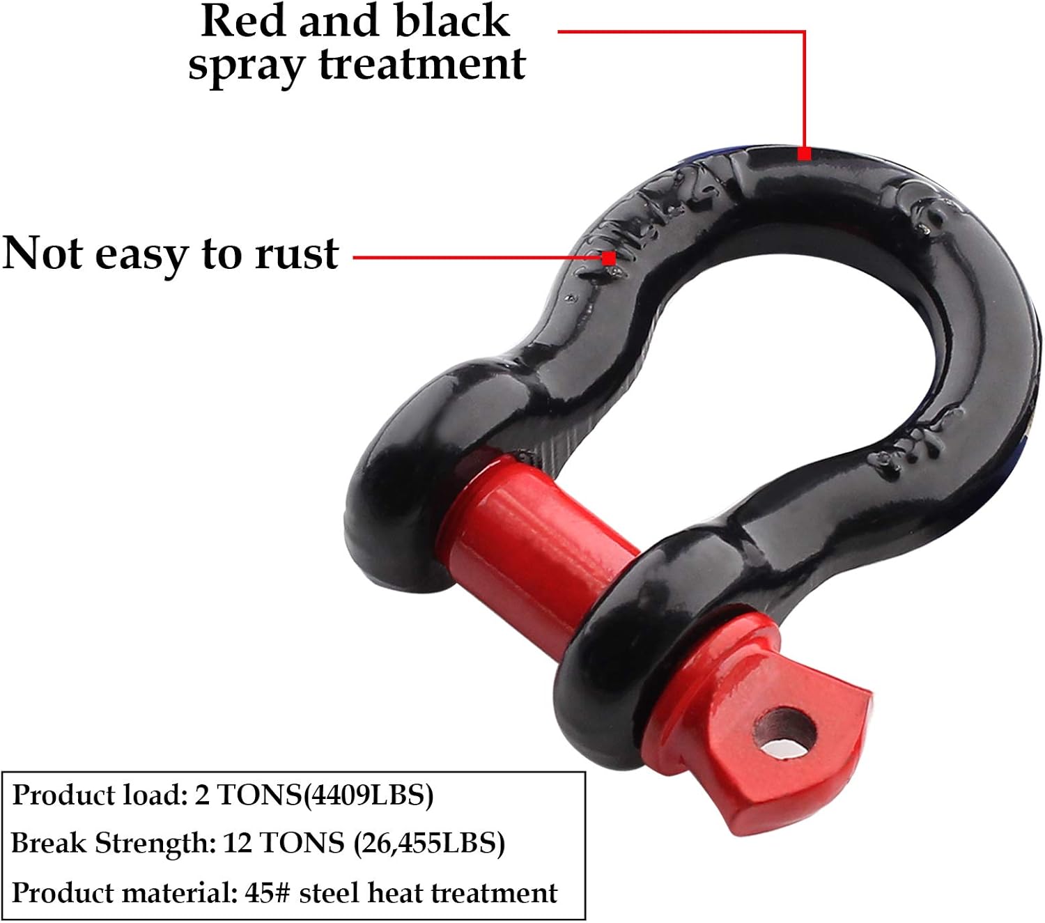 2Pcs 1/2 Inch D Ring Shackle, D Shackle Rugged 12 Ton 26,455 lbs Maximum Break Strength, 2 Ton 4409 Lbs Capacity Pack of 2