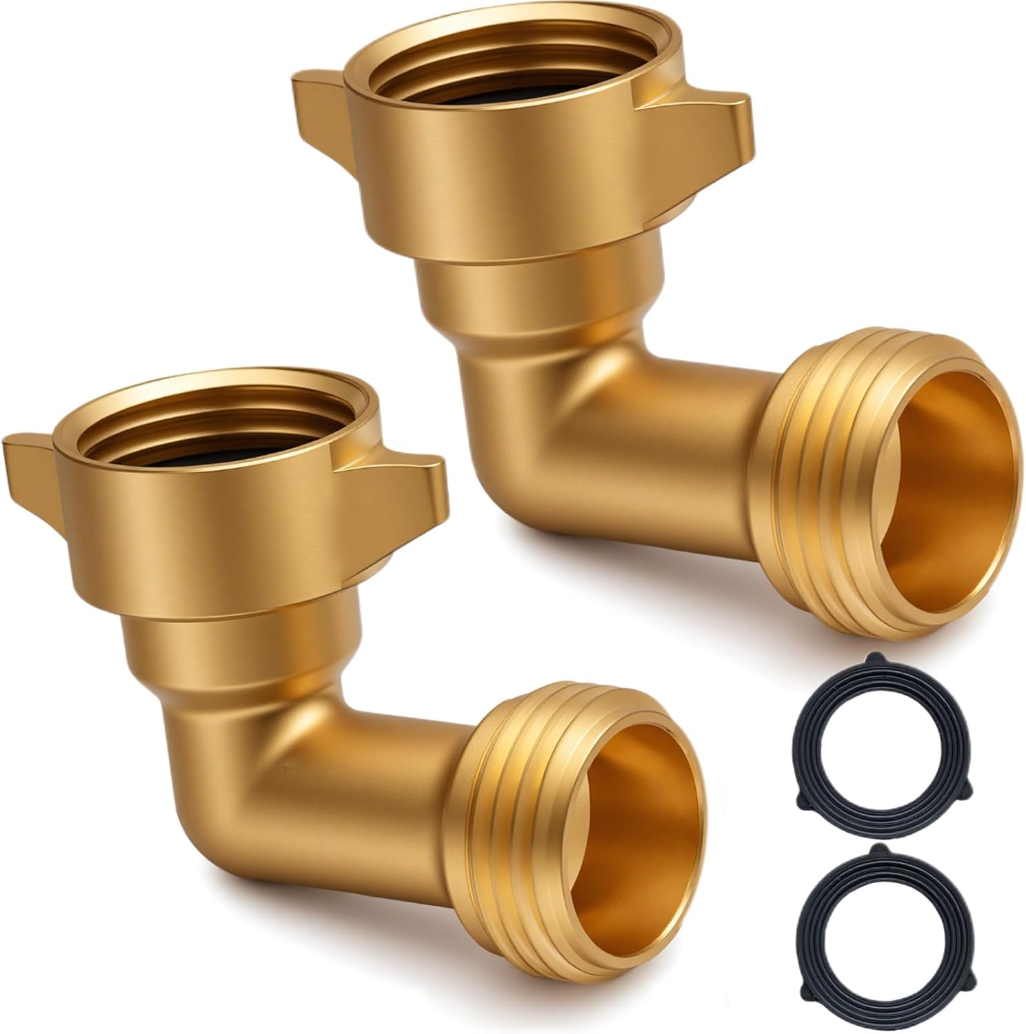 90-Degree Hose Elbow for RVs with Easy Grip Connector - 3/4" Solid Brass 90-Degree Hose Fitting Elbow for RV Water Hoses, Residential Outdoor Faucets, and More 2 Pack