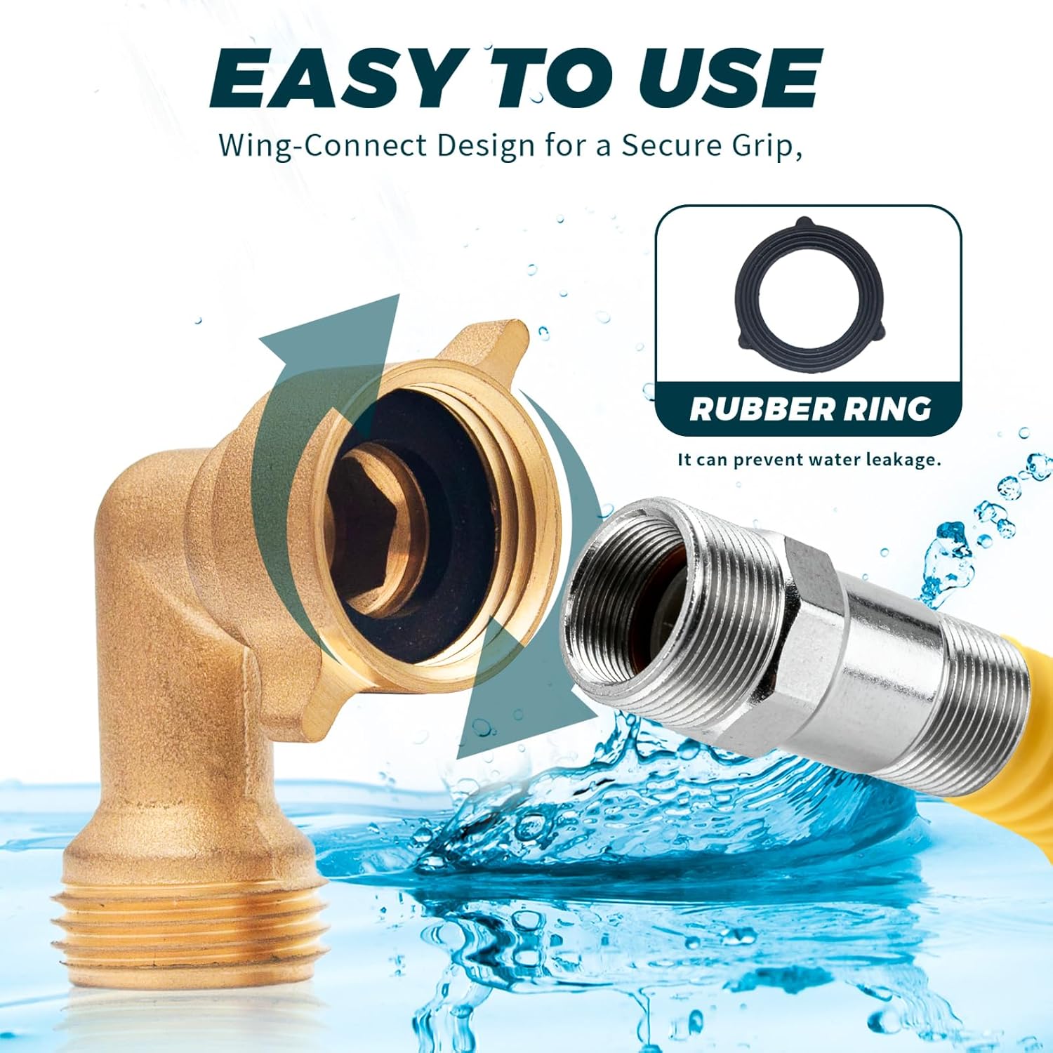 90-Degree Hose Elbow for RVs with Easy Grip Connector - 3/4" Solid Brass 90-Degree Hose Fitting Elbow for RV Water Hoses, Residential Outdoor Faucets, and More 2 Pack