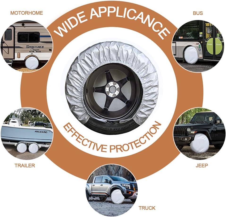 Rv Tire Covers Set of 4, Travel Trailer Camper Truck SUV Motorhome Waterproof Wheel Cover, Sun Rain Snow Protector, Fit 27-29 Inch Tire Diameter/Silver