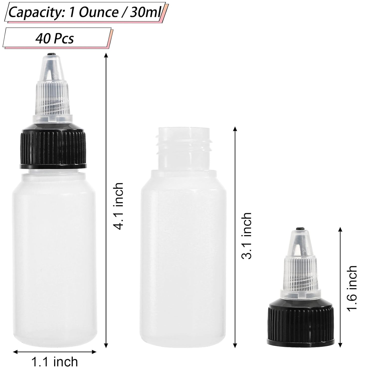 40 Pack 1oz Dispensing Bottles, Boston Round HDPE Plastic Bottle with Twist Top Cap, Empty Plastic Squeeze Bottle