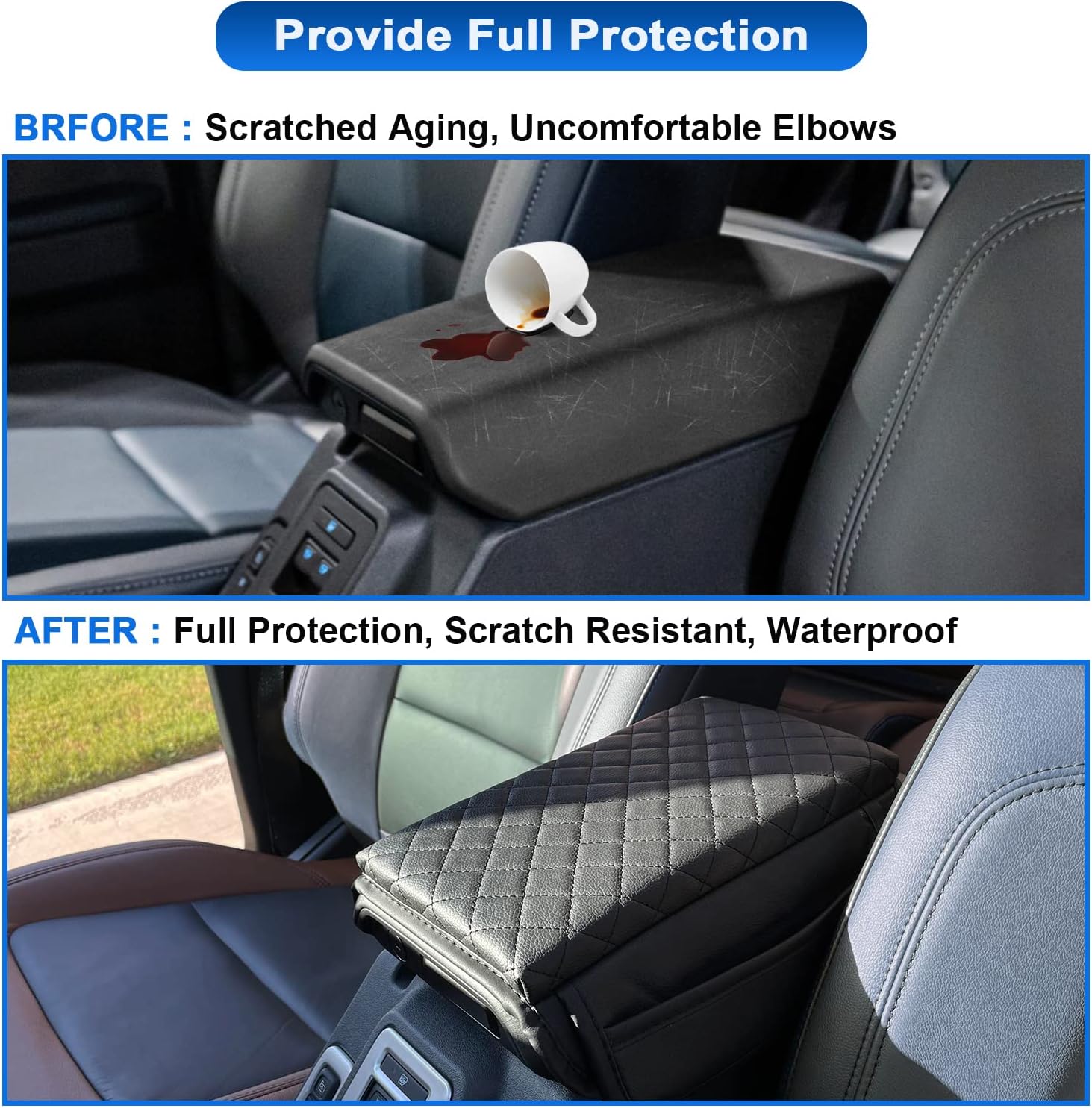 Center Console Armrest Cover for Ford Bronco Accessories 2021 2022 2023 2024 2025 2026 2/4-Door with Leather Side Pockets Interior Accessories Prevent Scratching