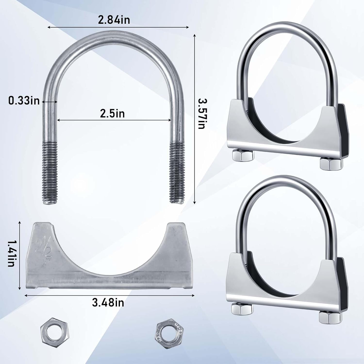 4 Pcs 2-1/2" Exhaust Clamp Heavy Duty U-bolt Exhaust Clamp - Saddle Design Muffler Pipe Connector, Tip Hook Clip, Galvanized Iron, Fits 2.5" Od Pipes