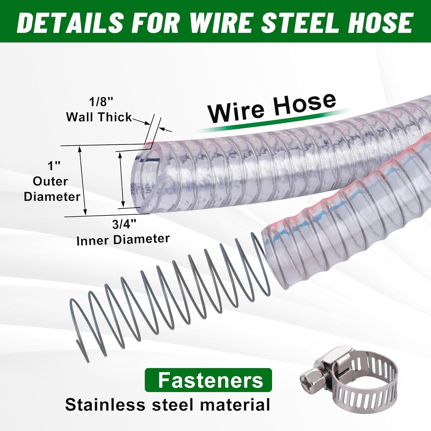10FT 3/4" ID x 1" OD Steel Wire Suction Hose PVC Reinforced Tubing High Pressure Flexible Vinyl Hose Heavy Duty Clear Vacuum Suction Tube for Dust Collection Drain Fuel