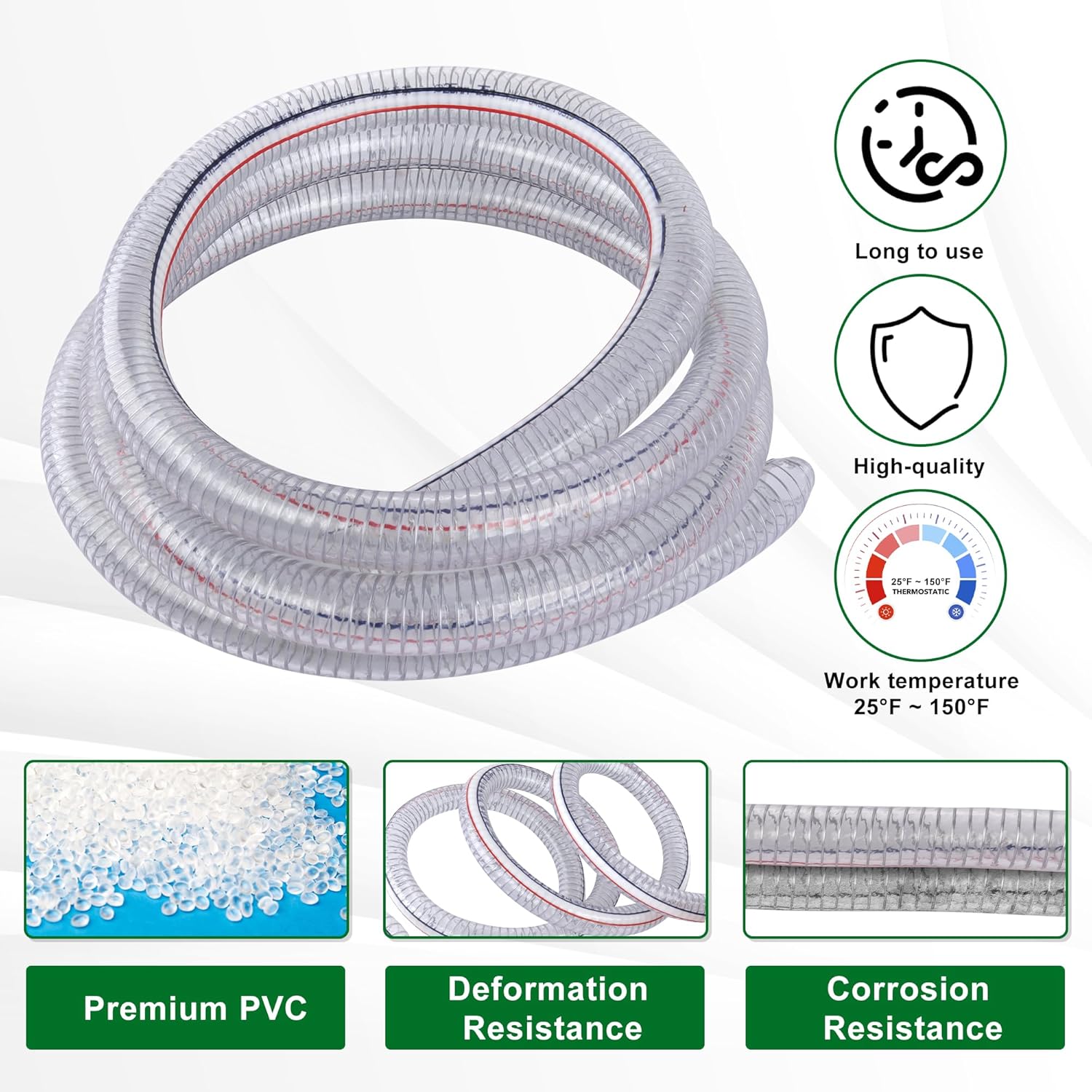 10FT 3/4" ID x 1" OD Steel Wire Suction Hose PVC Reinforced Tubing High Pressure Flexible Vinyl Hose Heavy Duty Clear Vacuum Suction Tube for Dust Collection Drain Fuel