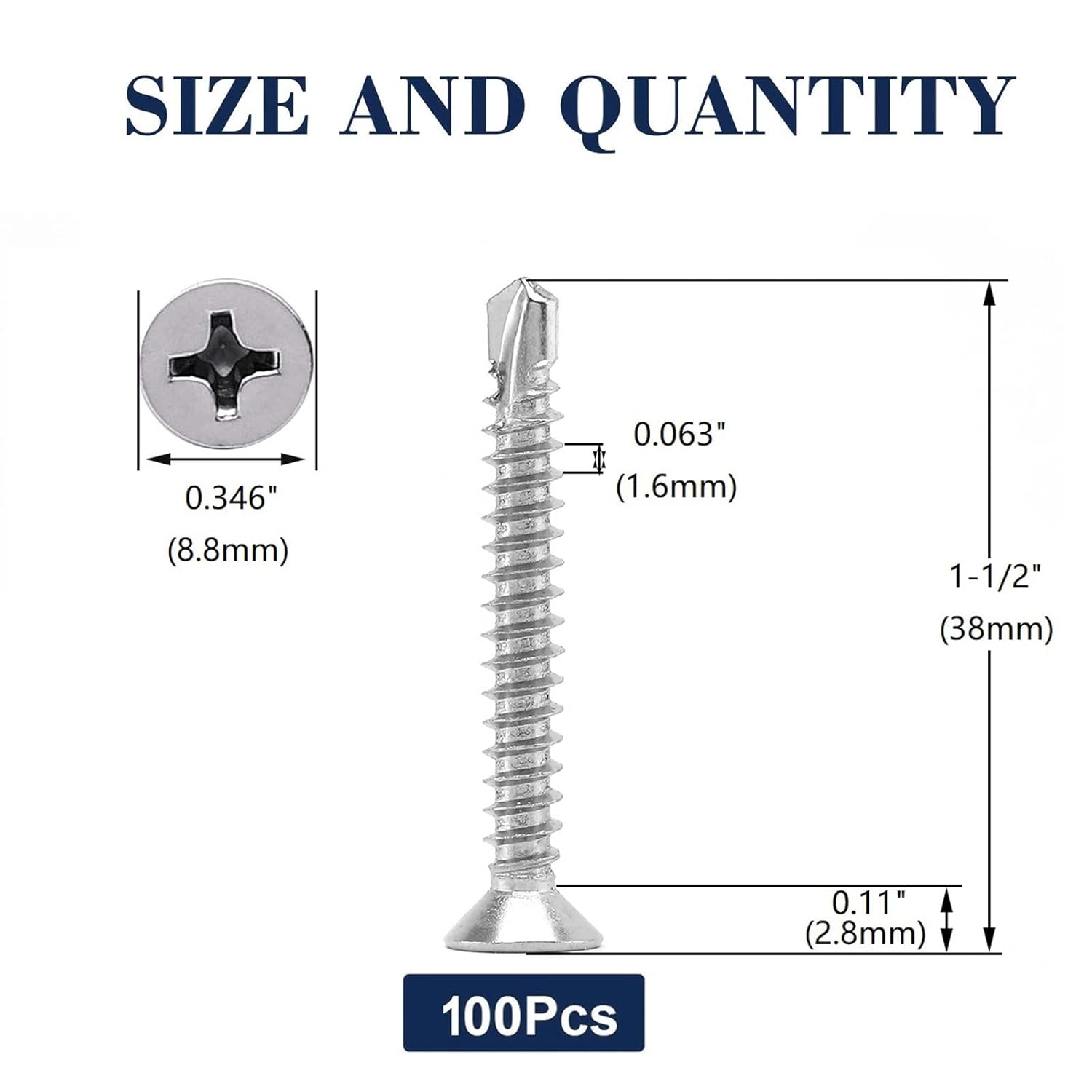 #10 x 1-1/2" Sheet Metal Screws 100Pcs 410 Stainless Steel Flat Head Tek Screws Fast Self Tapping Screws by