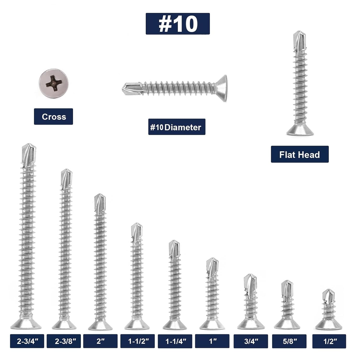 #10 x 1-1/2" Sheet Metal Screws 100Pcs 410 Stainless Steel Flat Head Tek Screws Fast Self Tapping Screws by