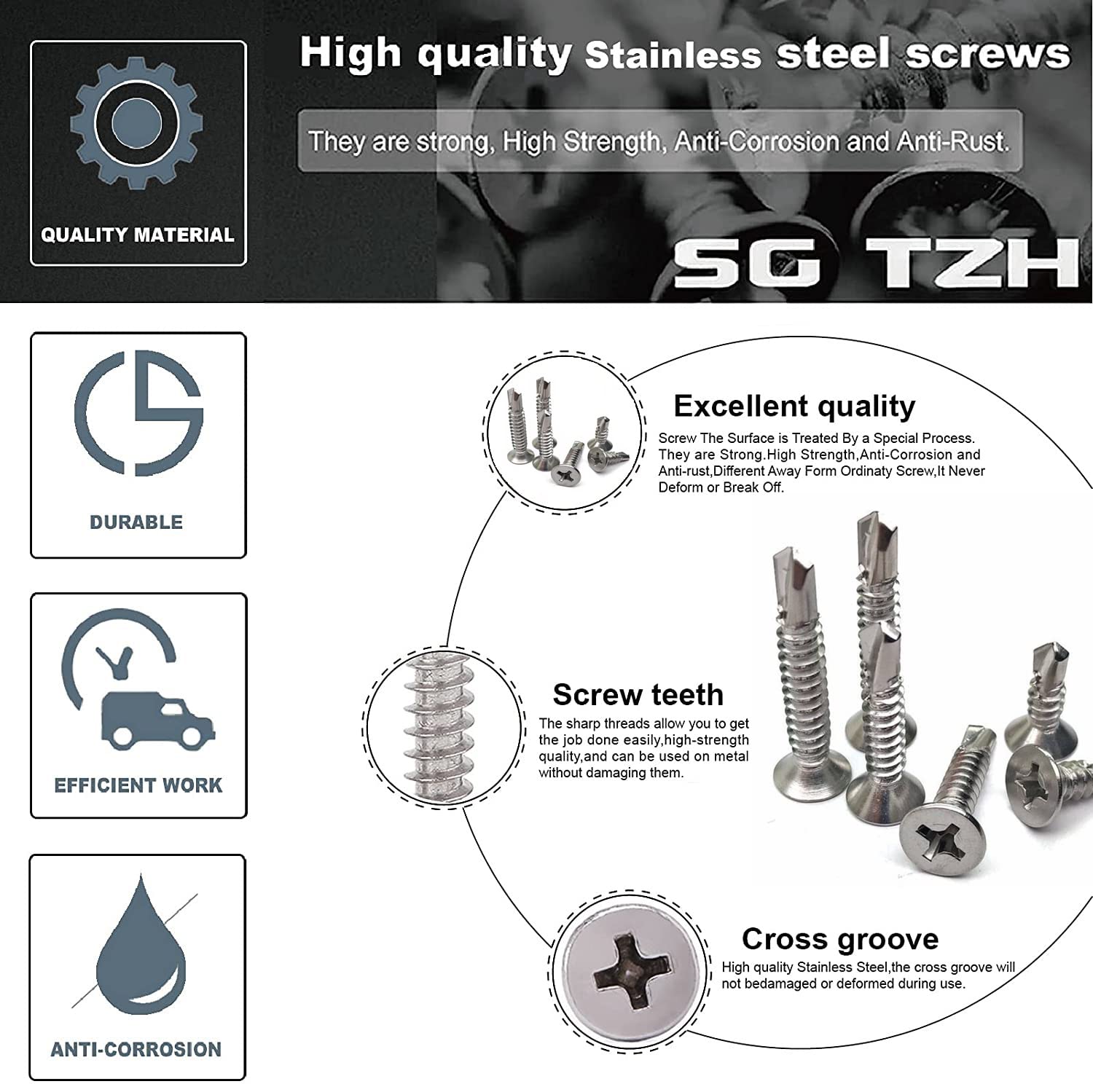 #10 x 1-1/2" Sheet Metal Screws 100Pcs 410 Stainless Steel Flat Head Tek Screws Fast Self Tapping Screws by
