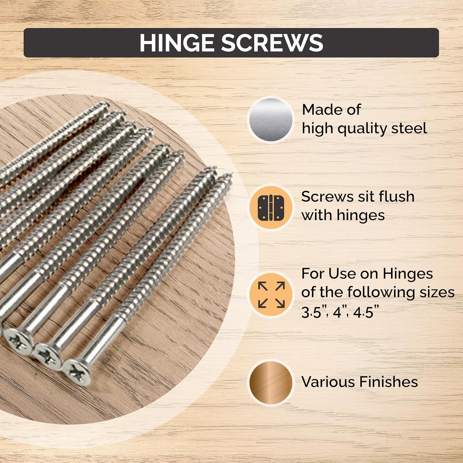 Satin Nickel Wood Screws, Heavy-Duty Screws for Doors, Cabinets, Furniture & DIY Projects 9 x 3 Inch – 24 Pack