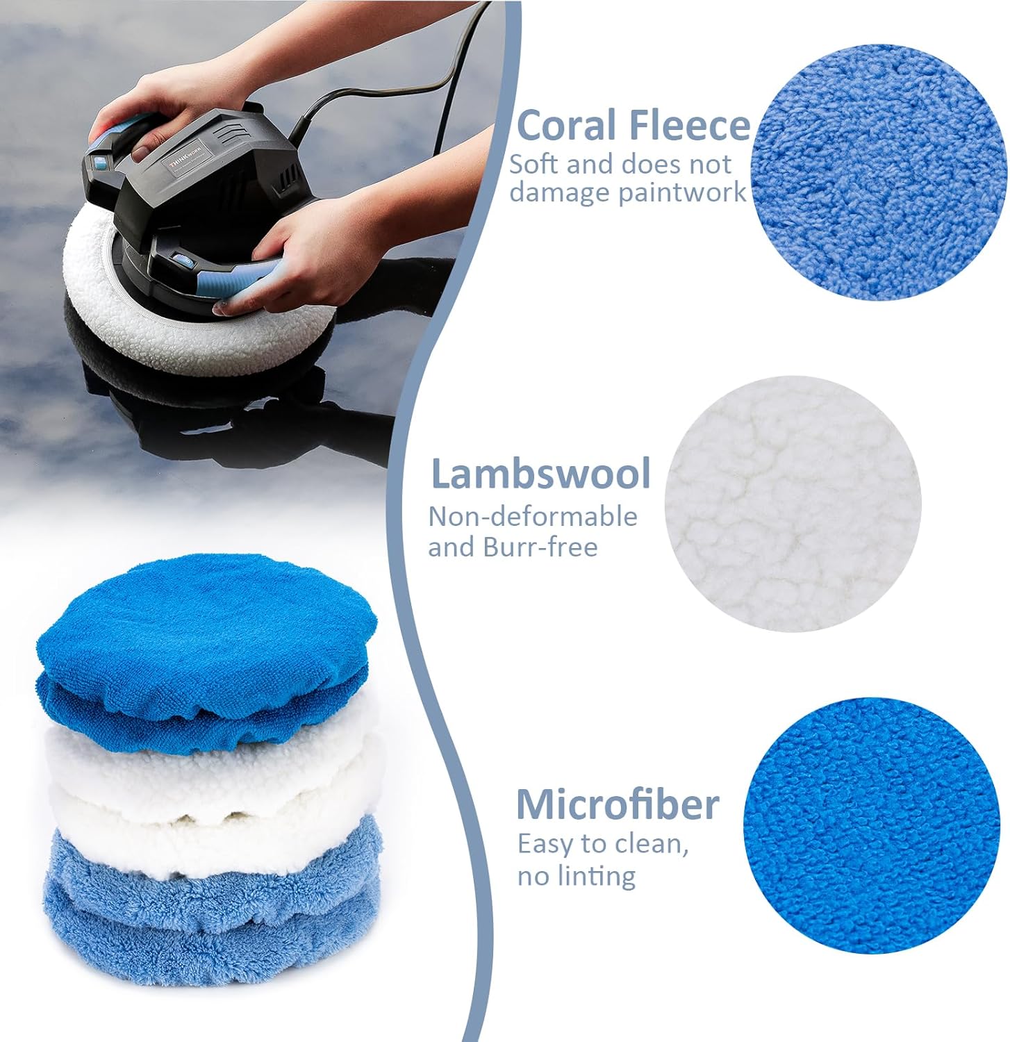 6 Pcs Car Polishing Pad, Buffing Pad for 10 Inch Car Polisher, Microfiber Wax Applicator Pad for Car, Microfiber, Wool, Coral Fleece