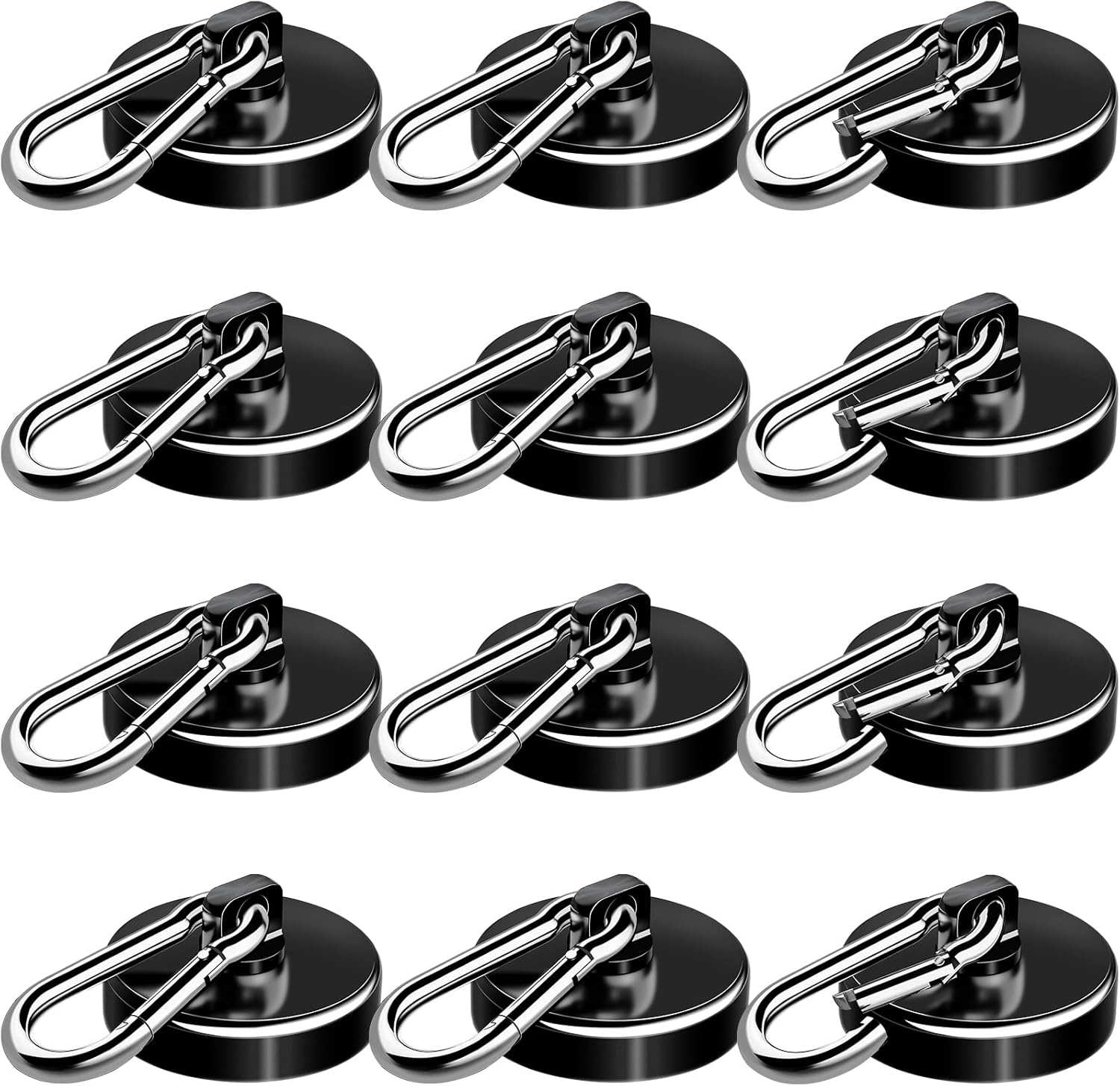 Carabiner Magnetic Hooks, 110LBS Strong Black Magnetic Hooks Heavy Duty with Swivel Carabiner Hook, Great for Hanging for Cruise, Garage, Kitchen, Refrigerator, Locker 12-Pack