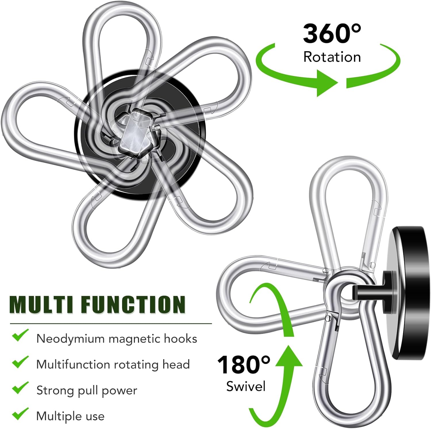 Carabiner Magnetic Hooks, 110LBS Strong Black Magnetic Hooks Heavy Duty with Swivel Carabiner Hook, Great for Hanging for Cruise, Garage, Kitchen, Refrigerator, Locker 12-Pack