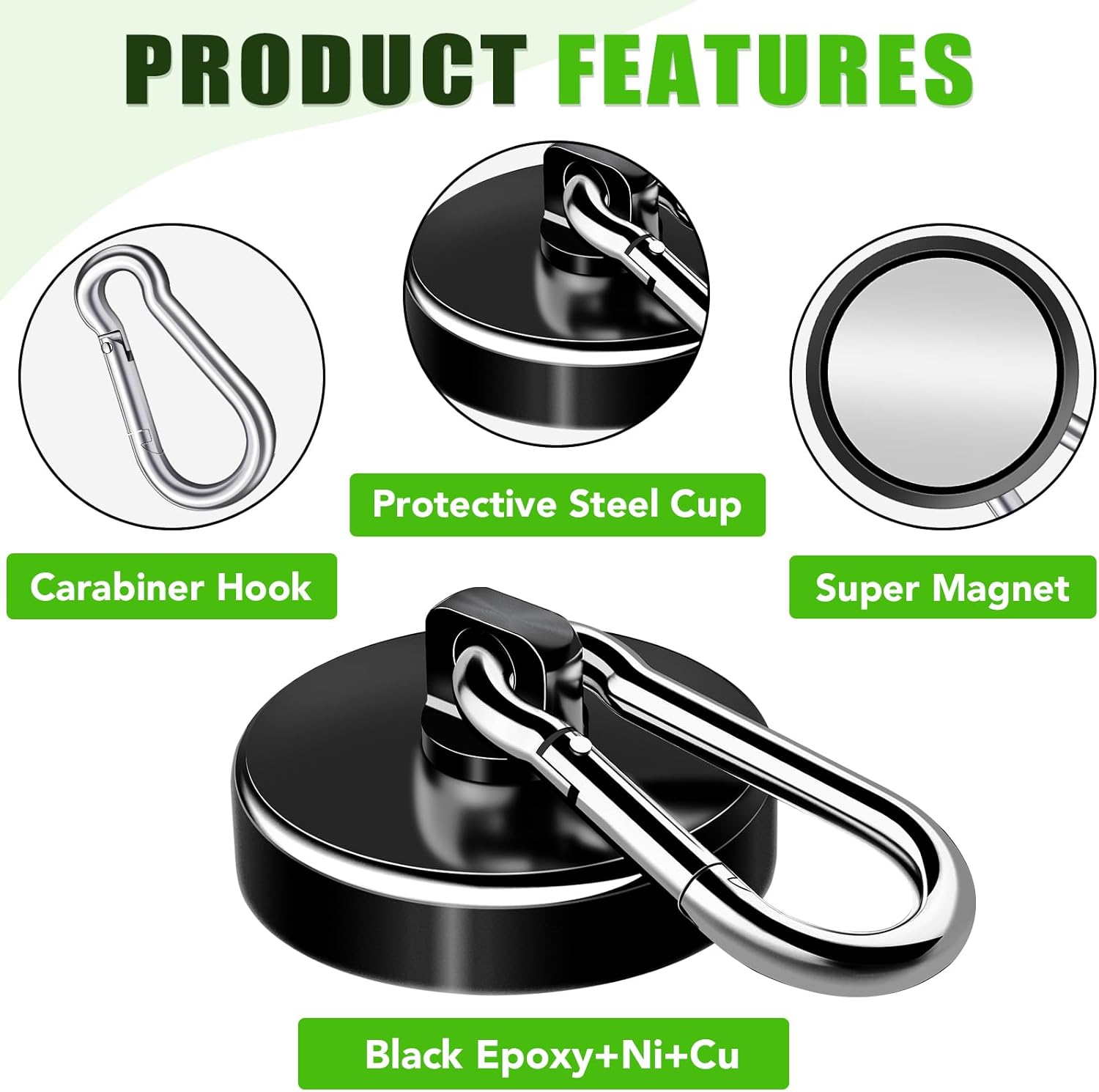 Carabiner Magnetic Hooks, 110LBS Strong Black Magnetic Hooks Heavy Duty with Swivel Carabiner Hook, Great for Hanging for Cruise, Garage, Kitchen, Refrigerator, Locker 12-Pack