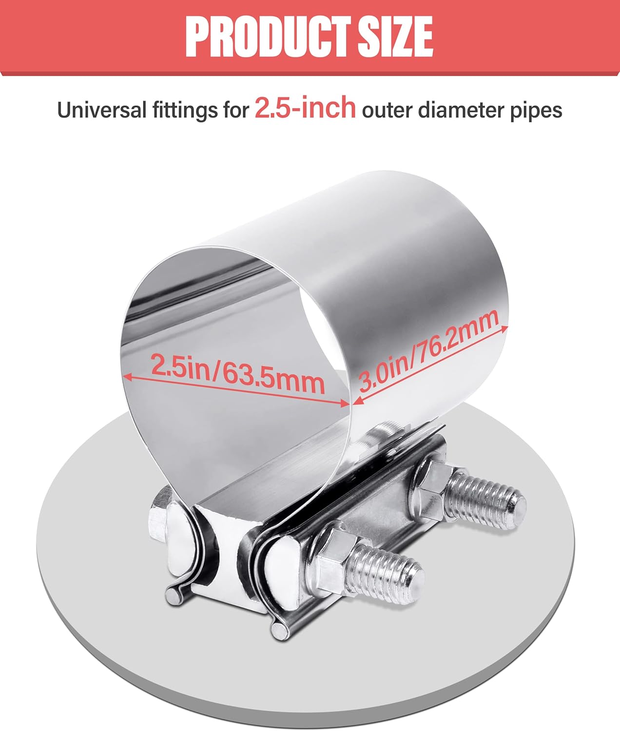 Zlirfy Stainless Steel Exhaust Clamp Band, Universal Widening Butt Joint Clamp, Fit for 2.5" Exhaust Pipe