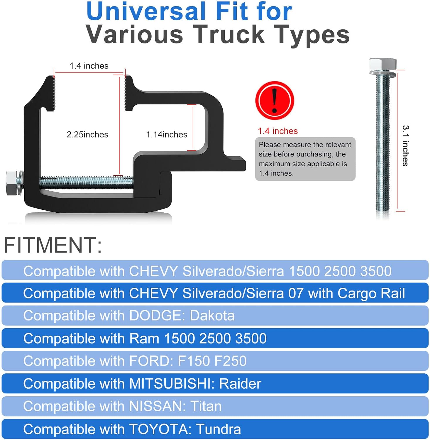 Heavy Duty Camper Shell Clamps - Truck Topper Ladder Rack Clamps for Dodge Dakota Ram 1500 2500 3500, F150 F250, Titan, Tundra 4 Pack