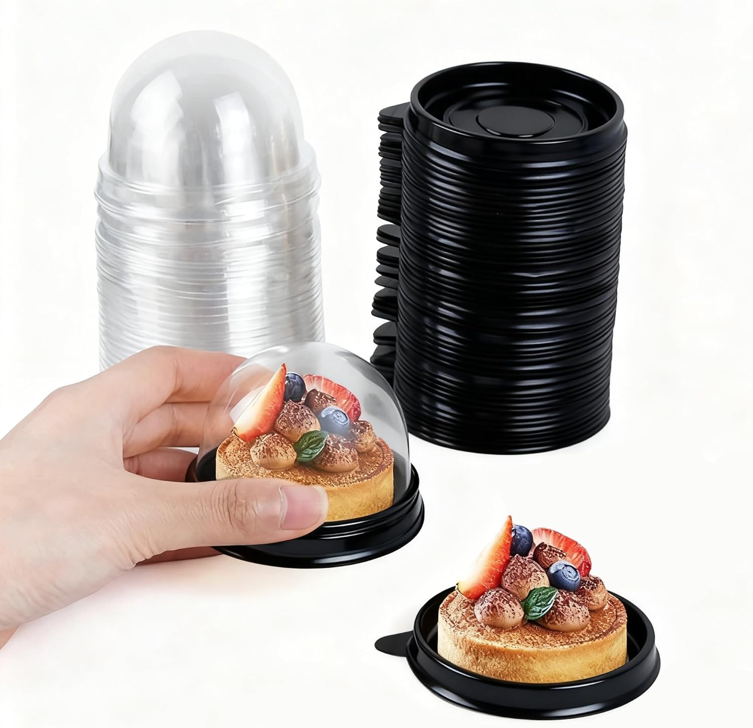 50Pcs Clear Plastic Mini Cake Box with Dome Lids, Mini Muffin Container Box Mooncake Dome Box Pastry Baking Packaging Boxes Wedding Birthday Gifts Supplies Black Base