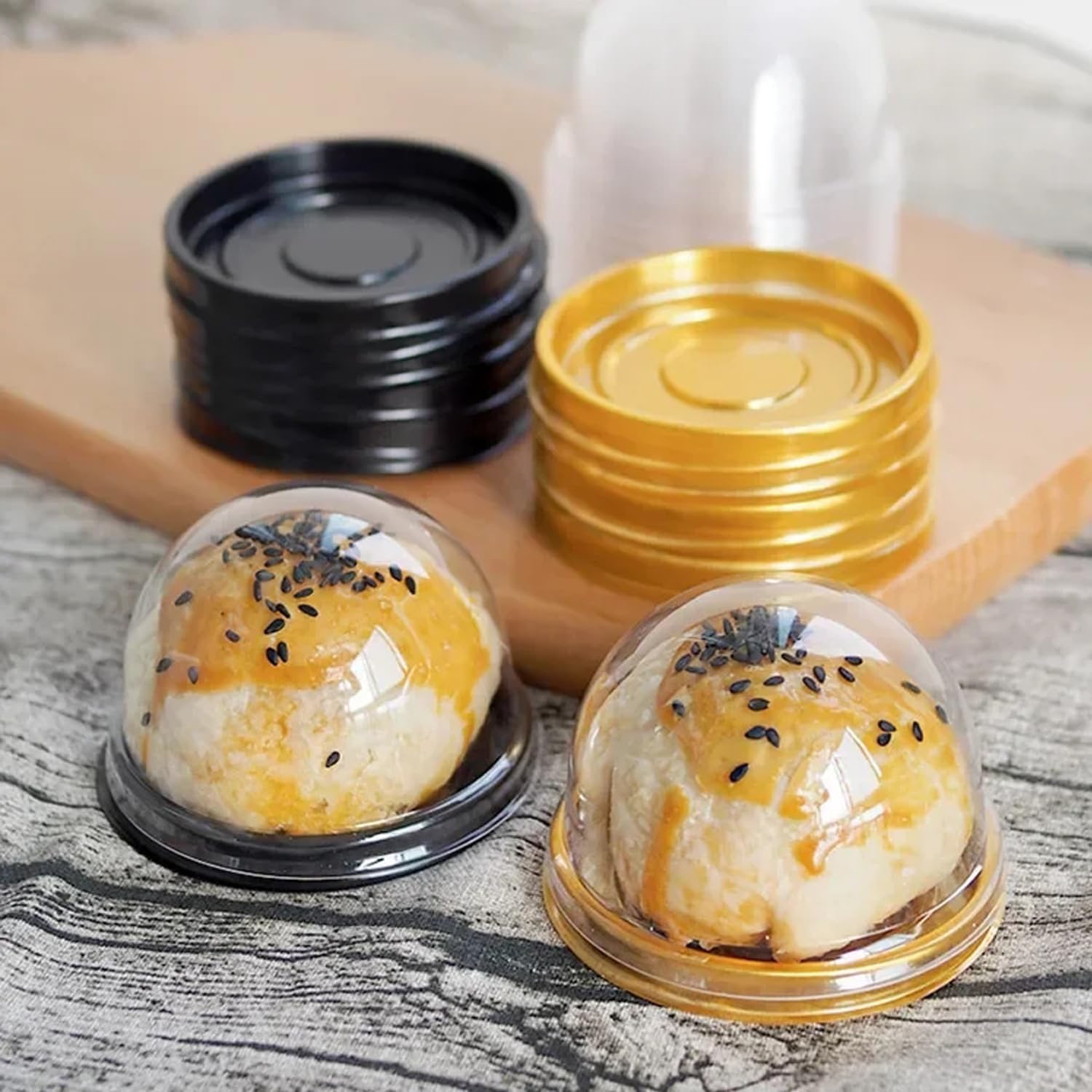 50Pcs Clear Plastic Mini Cake Box with Dome Lids, Mini Muffin Container Box Mooncake Dome Box Pastry Baking Packaging Boxes Wedding Birthday Gifts Supplies Black Base