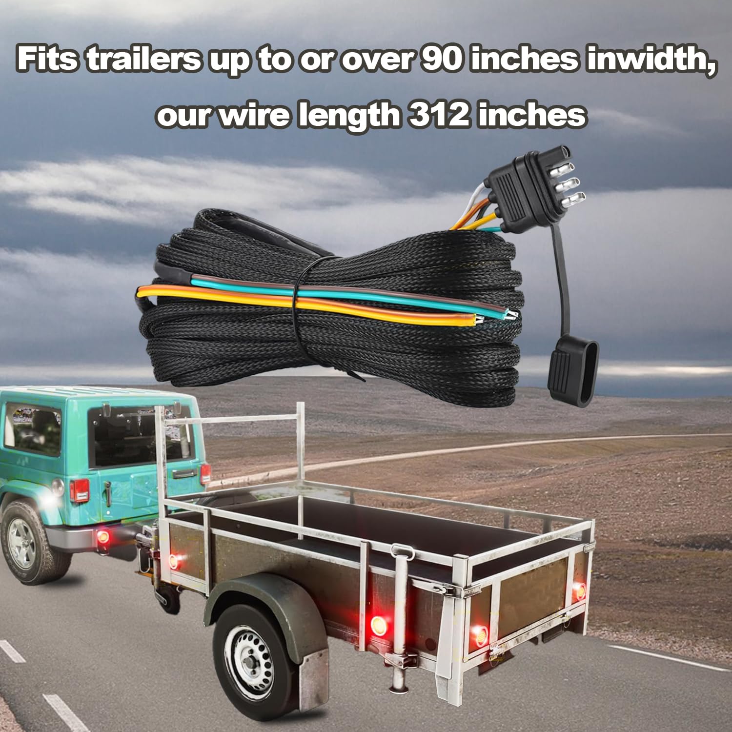 26FT Trailer Wiring Harness Kit, 4 Pin 5 Wire Trailer Wiring Harness, Boat Trailer Wiring Harness, 5 Wire 4 Pin Flat Trailer Connector, for Connection of Tail Lights, Brake Lights and Turn Signals