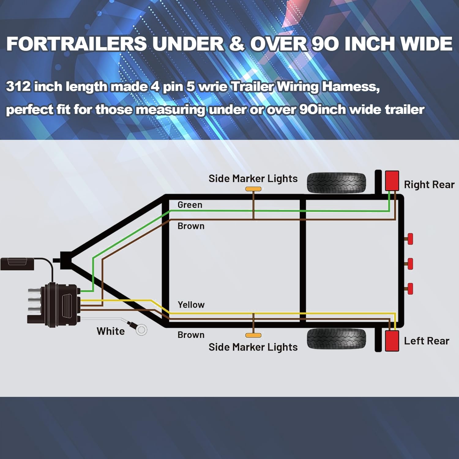 26FT Trailer Wiring Harness Kit, 4 Pin 5 Wire Trailer Wiring Harness, Boat Trailer Wiring Harness, 5 Wire 4 Pin Flat Trailer Connector, for Connection of Tail Lights, Brake Lights and Turn Signals