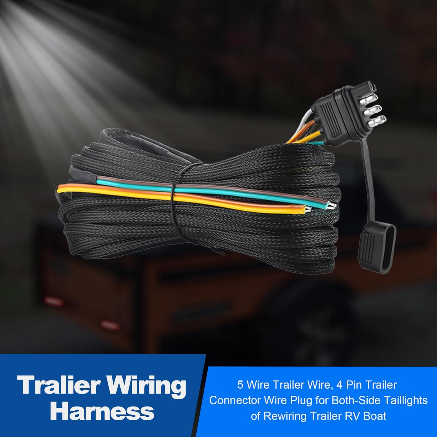 26FT Trailer Wiring Harness Kit, 4 Pin 5 Wire Trailer Wiring Harness, Boat Trailer Wiring Harness, 5 Wire 4 Pin Flat Trailer Connector, for Connection of Tail Lights, Brake Lights and Turn Signals