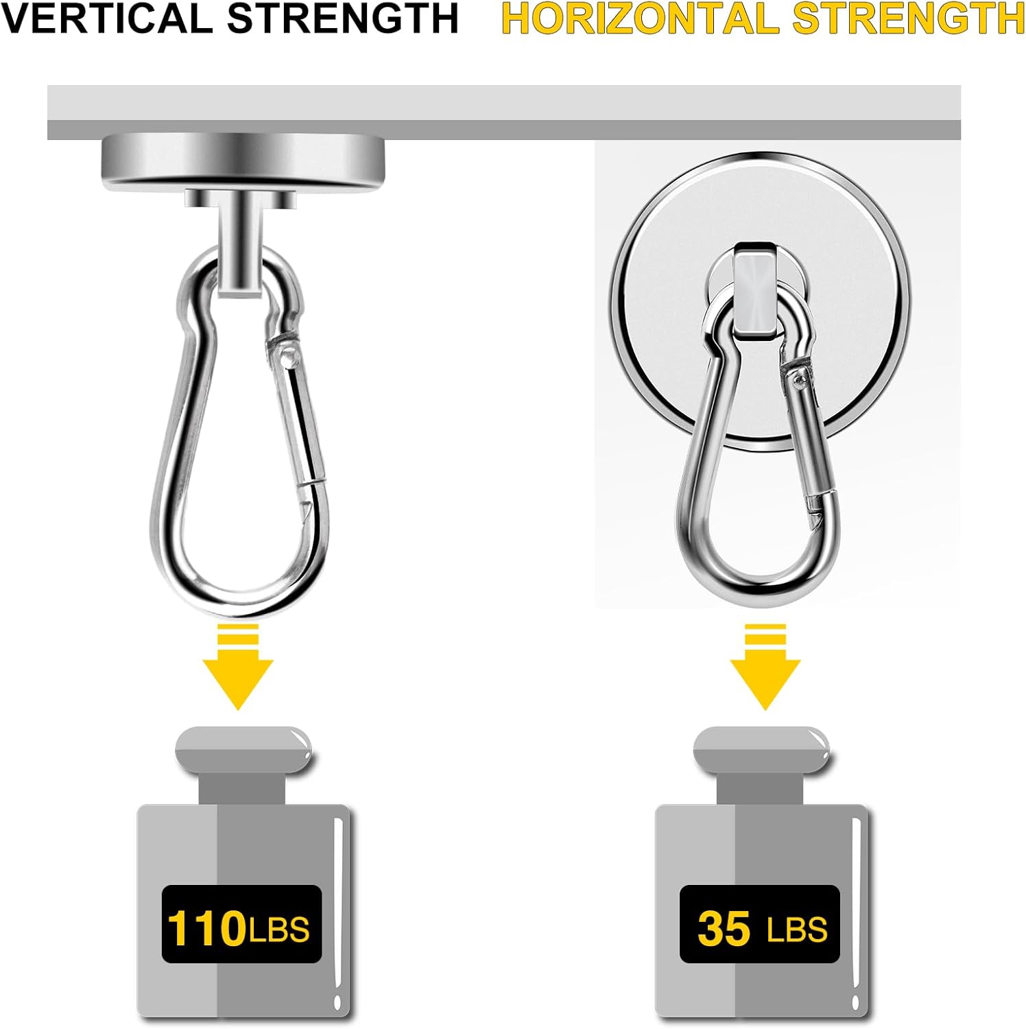 Magnetic Hooks, 110LBS Strong Heavy Duty Neodymium Magnet Hooks with Swivel Carabiner Hook,Great for Your Refrigerator and Other Magnetic Surfaces, Pack of 7