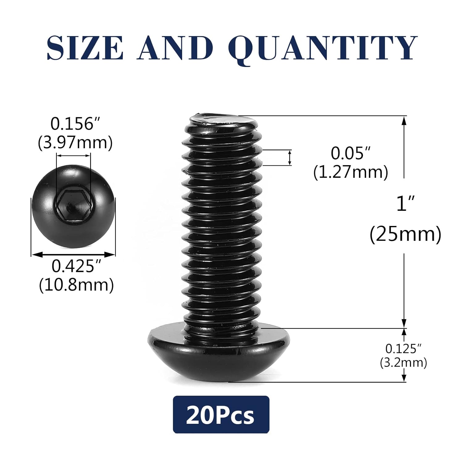 1/4-20 x 1 Button Head Socket Cap Bolts Screws, 20Pcs 304 Stainless Steel 18-8, Allen Hex Drive, Black Oxide by with Hex Spanner