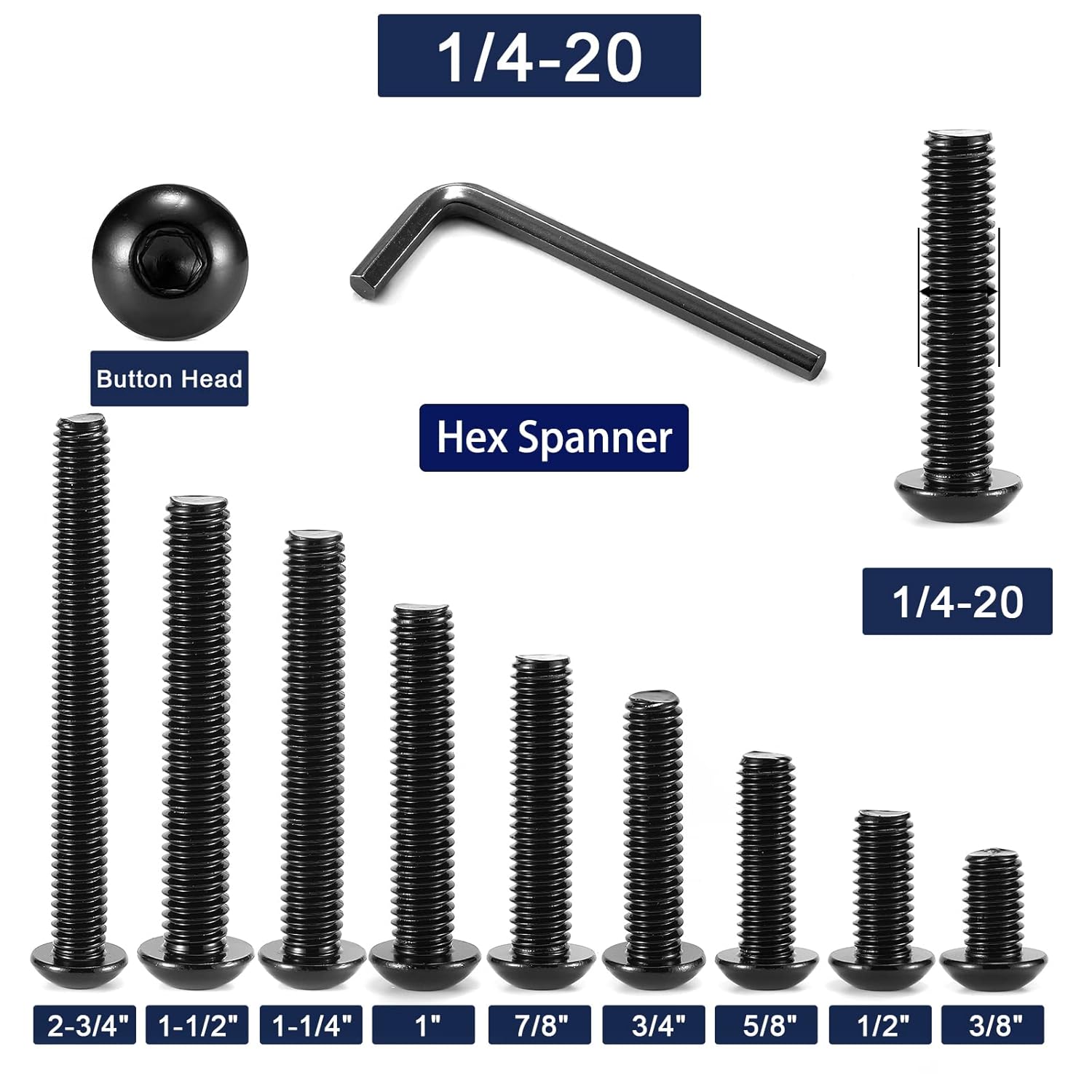 1/4-20 x 1 Button Head Socket Cap Bolts Screws, 20Pcs 304 Stainless Steel 18-8, Allen Hex Drive, Black Oxide by with Hex Spanner