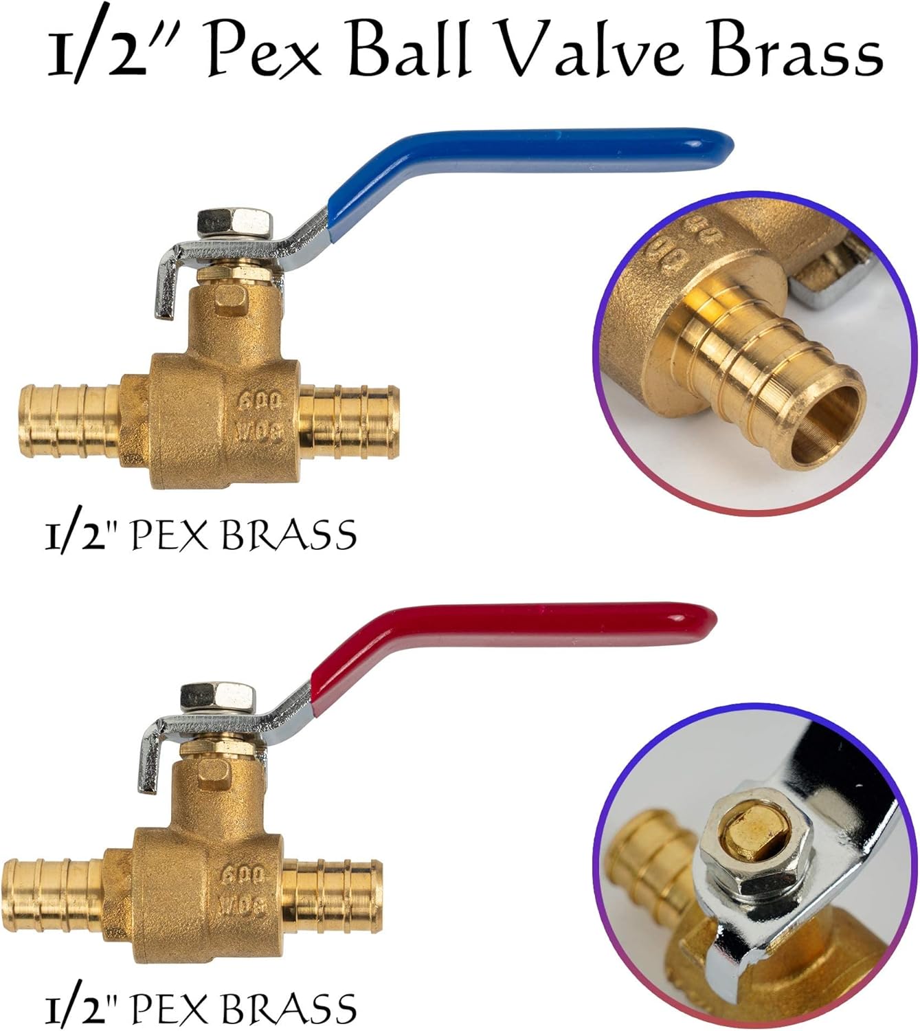 2 Pieces 1/2 Inch Pex Brass Full Port Shut Off Ball Valve HOT AND COLD, Quarter Turn HOT RED COLD BLUE of Brass Water Stop Shutt off, 1 Piece each