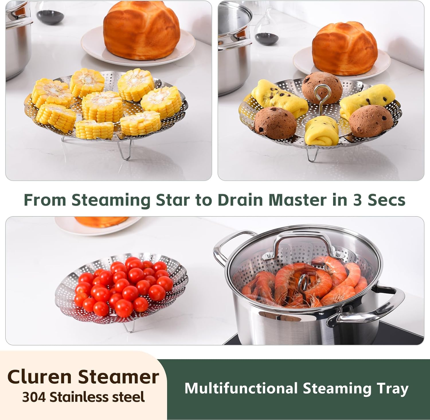Steamer Basket for Cooking 304 Stainless Steel Entirely Thickened,Collapsible Steamer Insert for Pots, Fits Instant Pot/Skillets 5.5'' To 9.5''