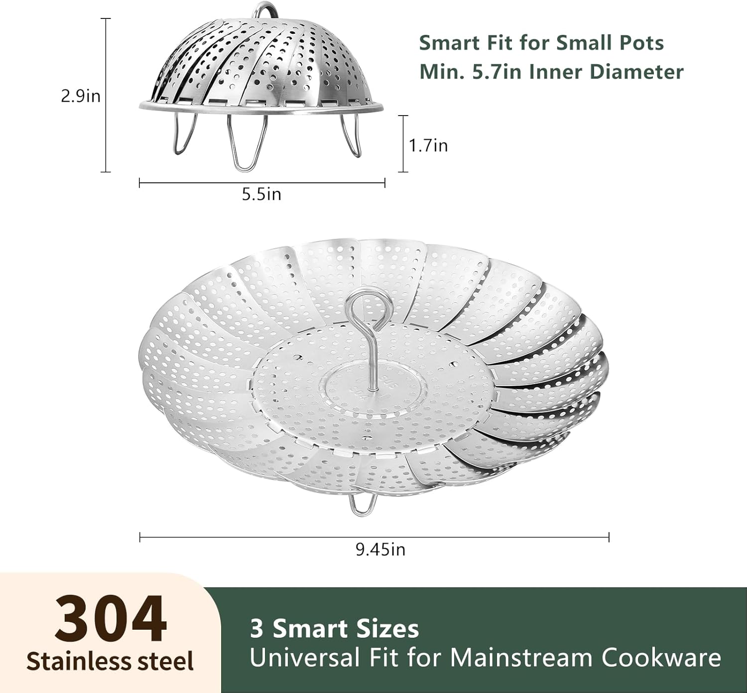 Steamer Basket for Cooking 304 Stainless Steel Entirely Thickened,Collapsible Steamer Insert for Pots, Fits Instant Pot/Skillets 5.5'' To 9.5''