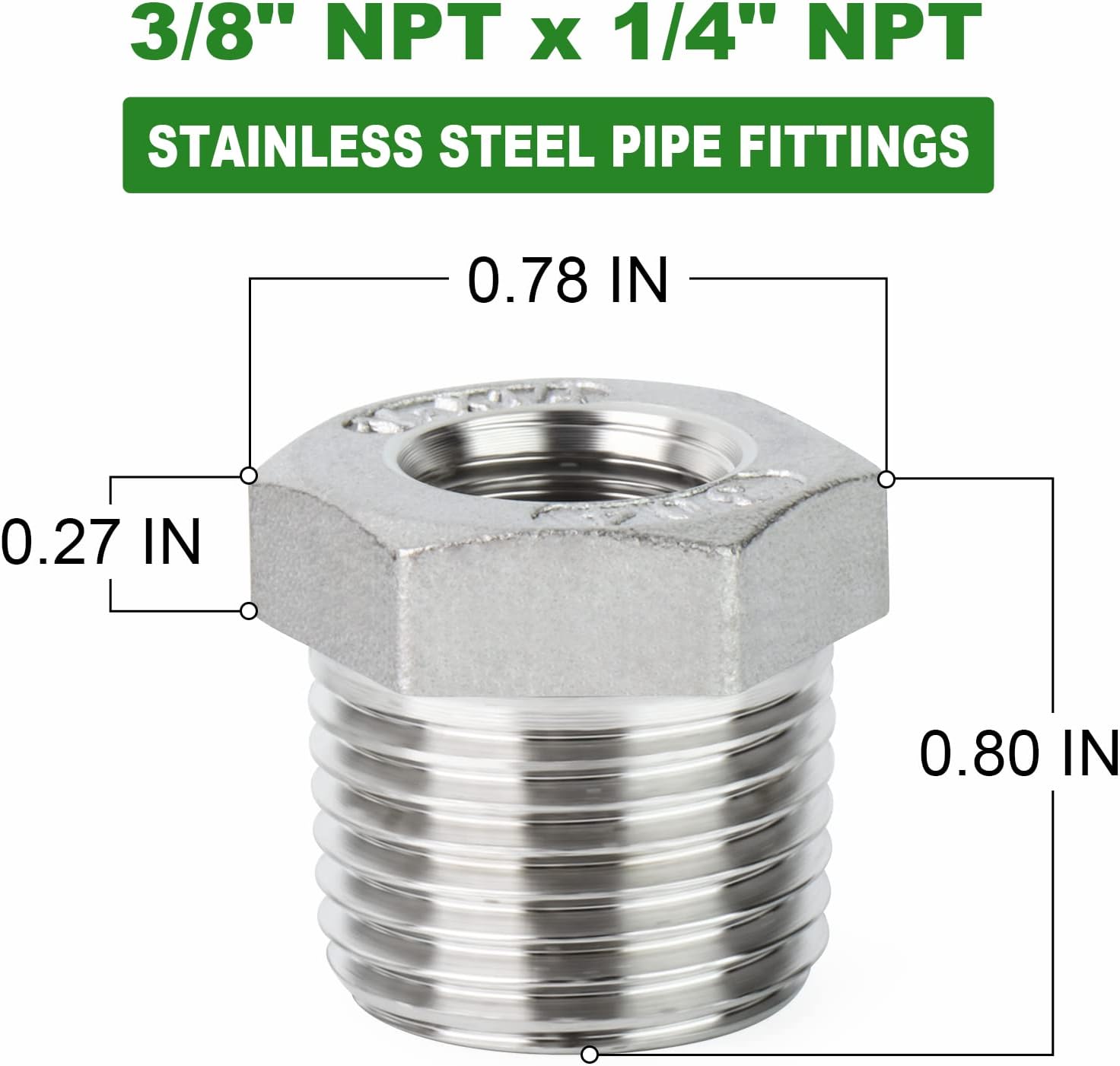 10PCS 304 Stainless Steel Reducer Hex Bushing, 3/8" NPT Male x 1/4" NPT Female, Reducing Pipe Adapter Fitting
