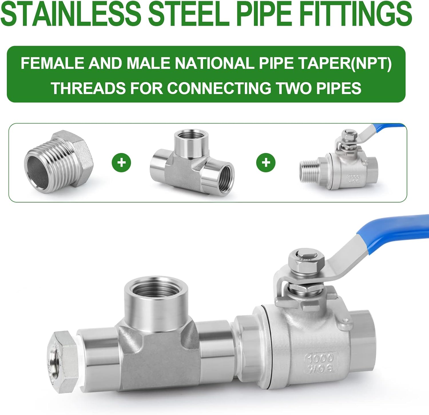 10PCS 304 Stainless Steel Reducer Hex Bushing, 3/8" NPT Male x 1/4" NPT Female, Reducing Pipe Adapter Fitting