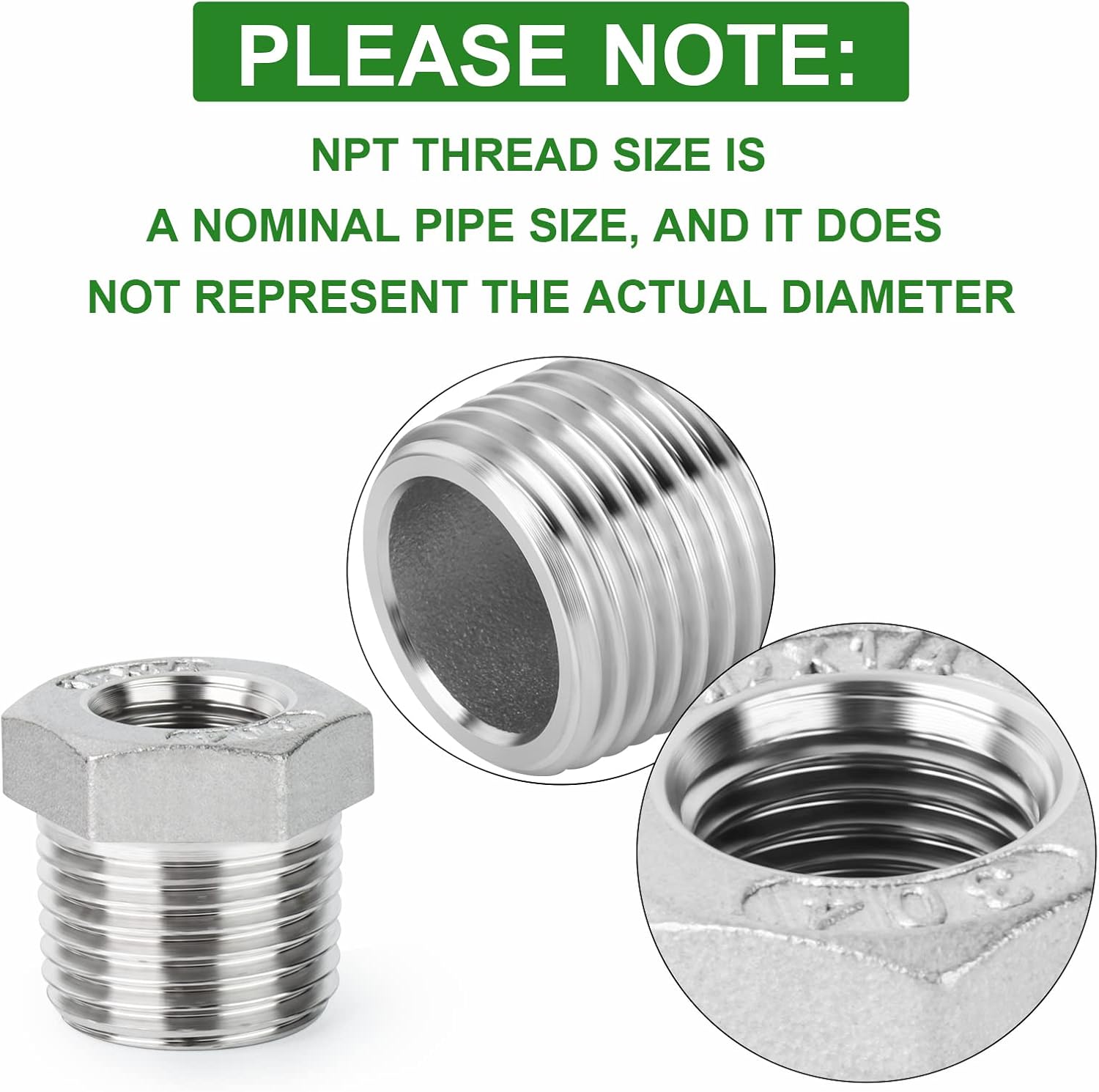 10PCS 304 Stainless Steel Reducer Hex Bushing, 3/8" NPT Male x 1/4" NPT Female, Reducing Pipe Adapter Fitting