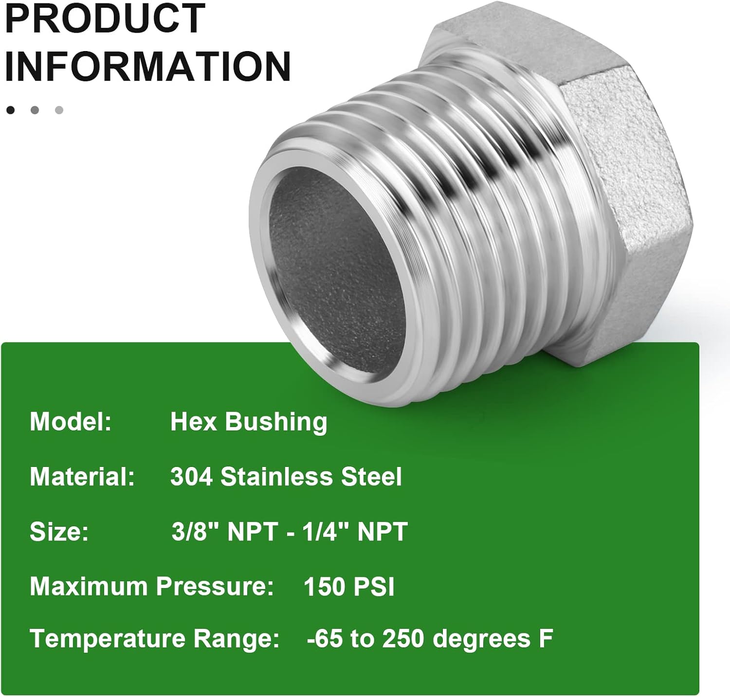 10PCS 304 Stainless Steel Reducer Hex Bushing, 3/8" NPT Male x 1/4" NPT Female, Reducing Pipe Adapter Fitting