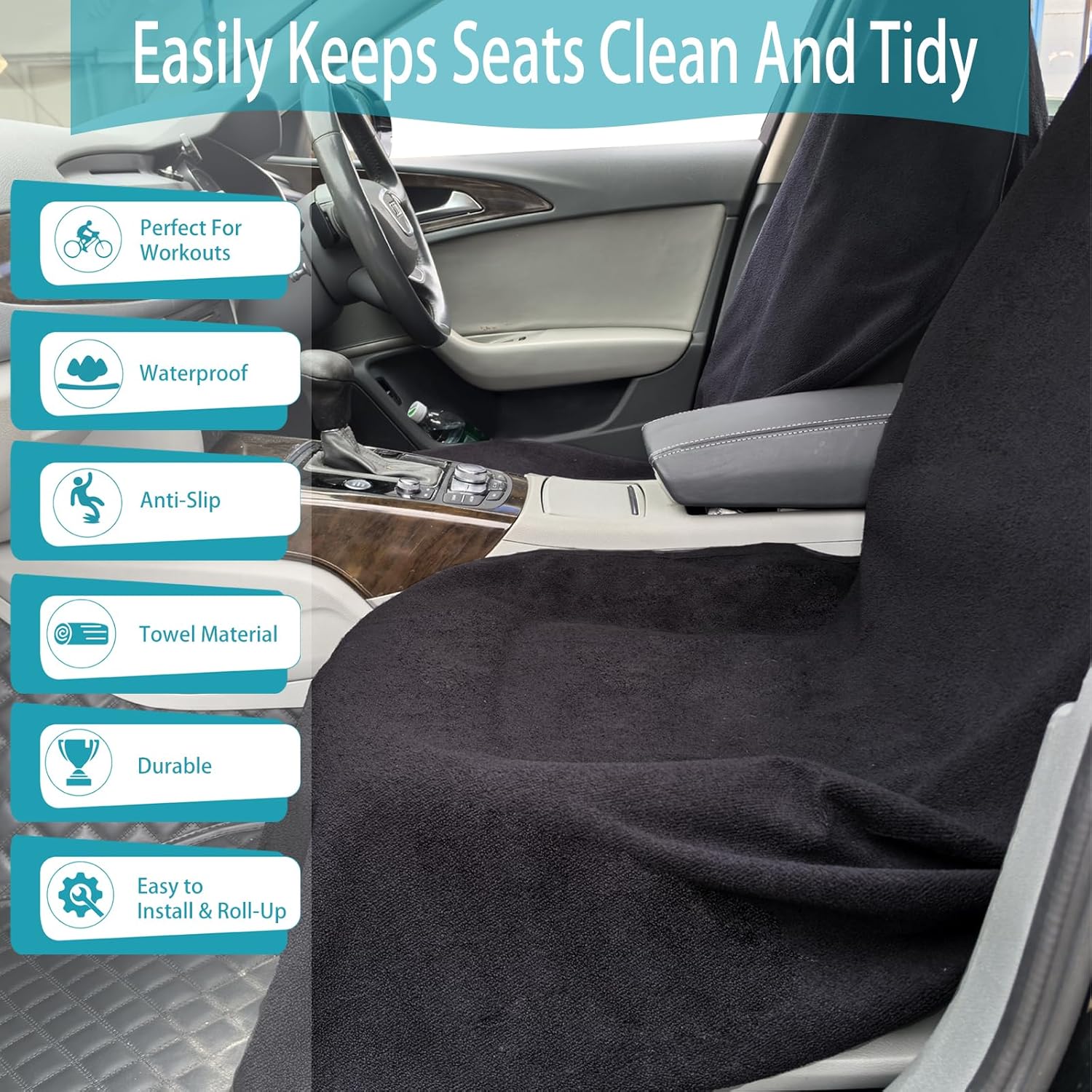 Car Seat Covers Universal Car Protective Front Seat Covers Washable Non-Slip Seat Protectors for Gym Workouts,Waterproof and Sweatproof Towel Seat Covers for Cars,Trucks, Jeeps Black