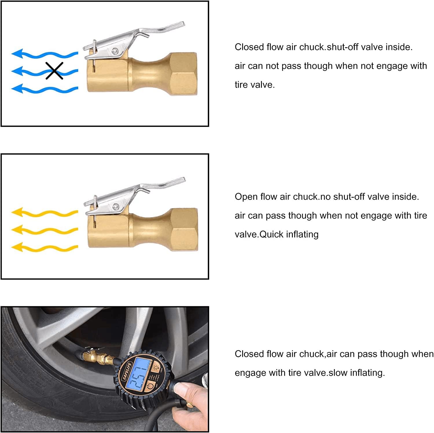 Brass Air Chuck Closed Flow Tire Chuck Heavy Duty Lock on Tire Inflator Chuck with Clip