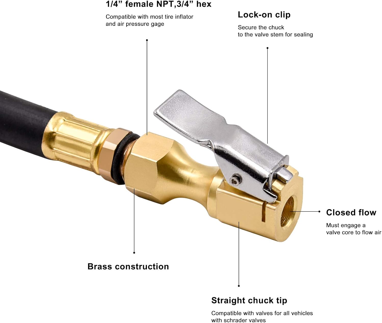 Brass Air Chuck Closed Flow Tire Chuck Heavy Duty Lock on Tire Inflator Chuck with Clip