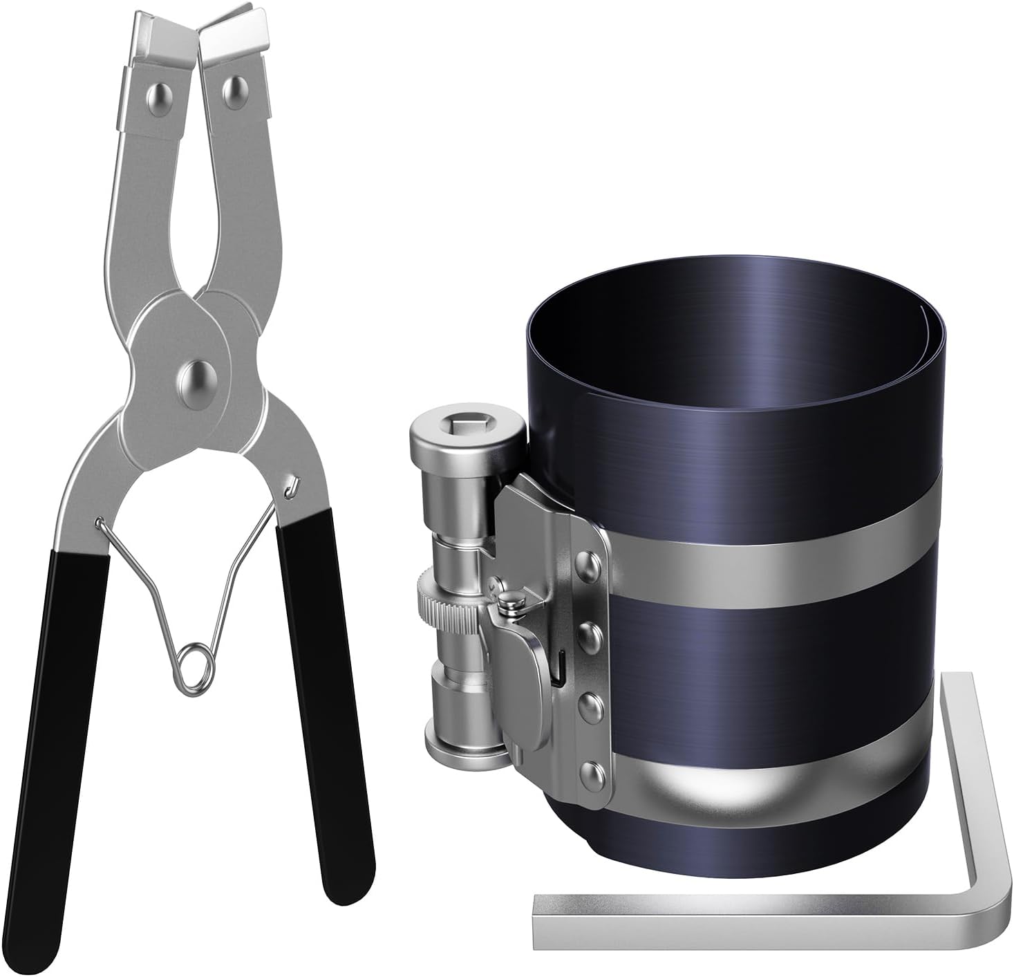 Piston Ring Compressor Tool,Car Engine Piston Ring Installer Removal Kit，Adjustable Sizes From 2-1/8 Inches To 7 Inches 53mm - 175mm with Piston Installer Plier