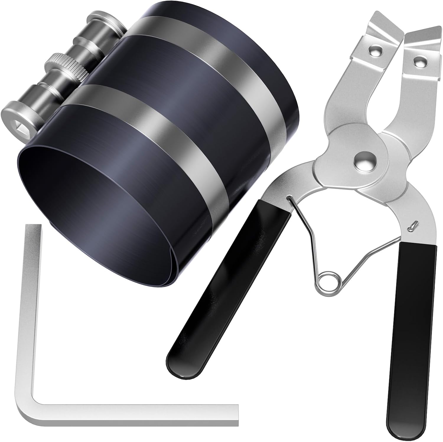 Piston Ring Compressor Tool,Car Engine Piston Ring Installer Removal Kit，Adjustable Sizes From 2-1/8 Inches To 7 Inches 53mm - 175mm with Piston Installer Plier