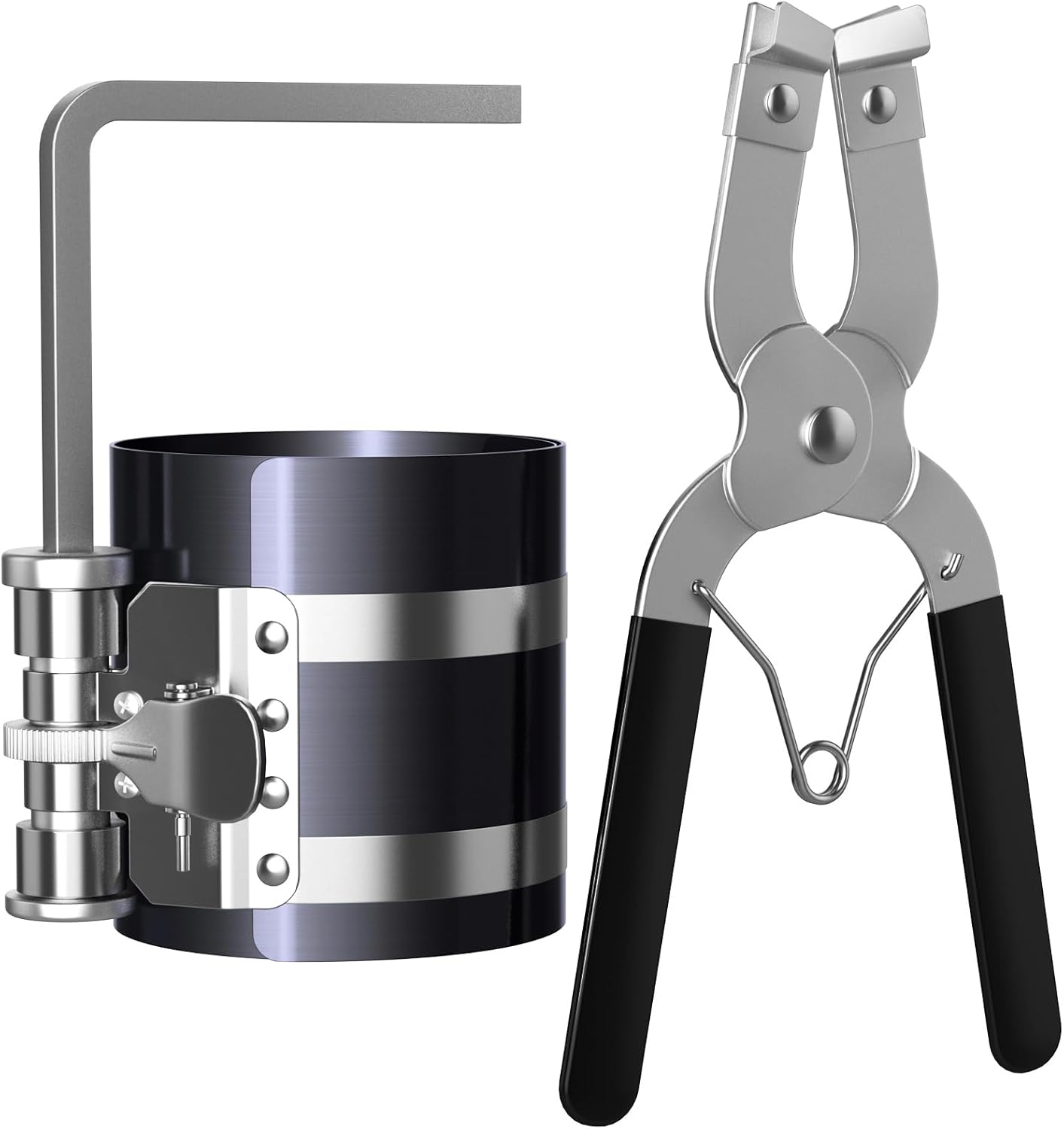 Piston Ring Compressor Tool,Car Engine Piston Ring Installer Removal Kit，Adjustable Sizes From 2-1/8 Inches To 7 Inches 53mm - 175mm with Piston Installer Plier