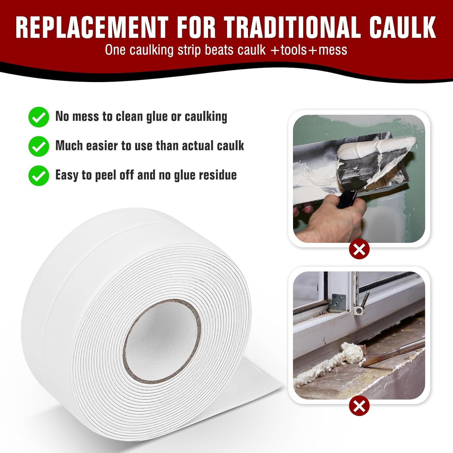 White Waterproof Caulk Tape, Self-Adhesive for Toilet, Tub, Kitchen, Corners,Bathroom Surfaces, Easy Application, 1-1/2 Inch x 10-1/2 Feet-1roll