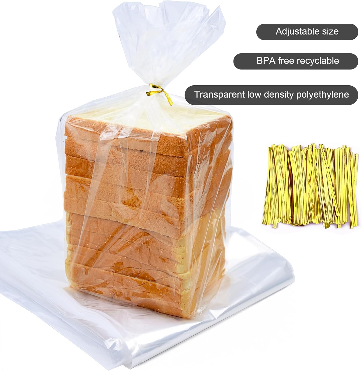 120Pcs Plastic Bread Bags for Homemade Bread and 120 Ties, 18 x 8 x 4 Inch Reusable Clear Loaf Bags, Adjustable, Perfect for Home Bakers and Bakeries 120Pcs