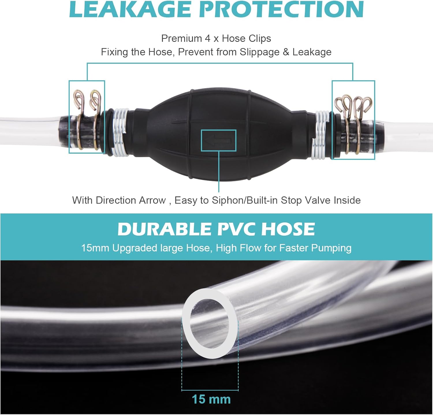 Gas Siphon Hose Pump, Manual Hand Water pump, Gasoline Transfer Pump for water Gas Oil Petrol Diesel, Fuel Siphon Pump with 2 Durable PVC Syphon Hoses, HH016