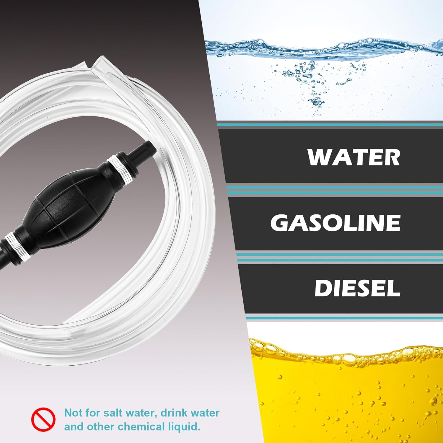 Gas Siphon Hose Pump, Manual Hand Water pump, Gasoline Transfer Pump for water Gas Oil Petrol Diesel, Fuel Siphon Pump with 2 Durable PVC Syphon Hoses, HH016