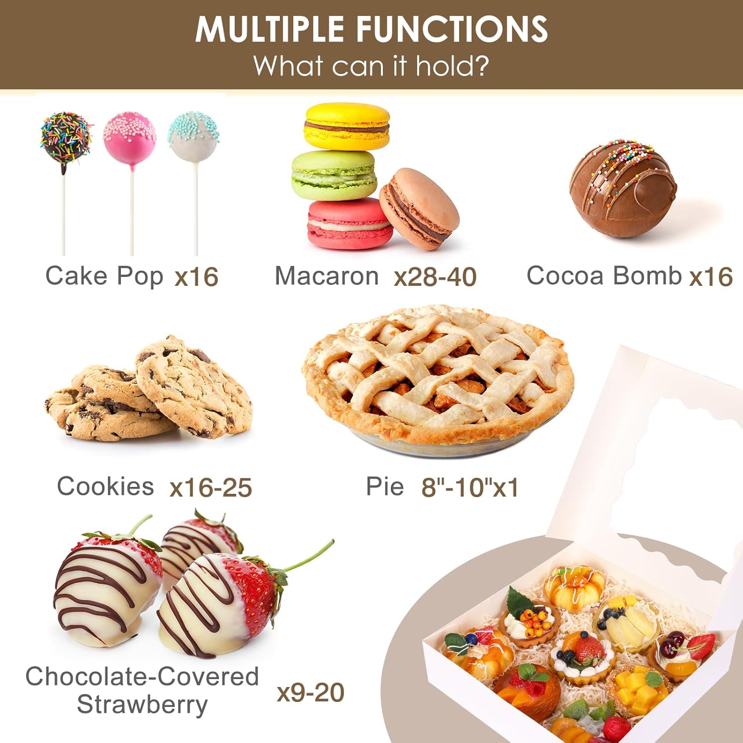 35pcs Bakery Boxes, 10x10x2.5 Inches Auto-Popup Cookie Boxes with Window for Pie, Cookie Cake, Treats, Pastries, Chocolate Covered Strawberries