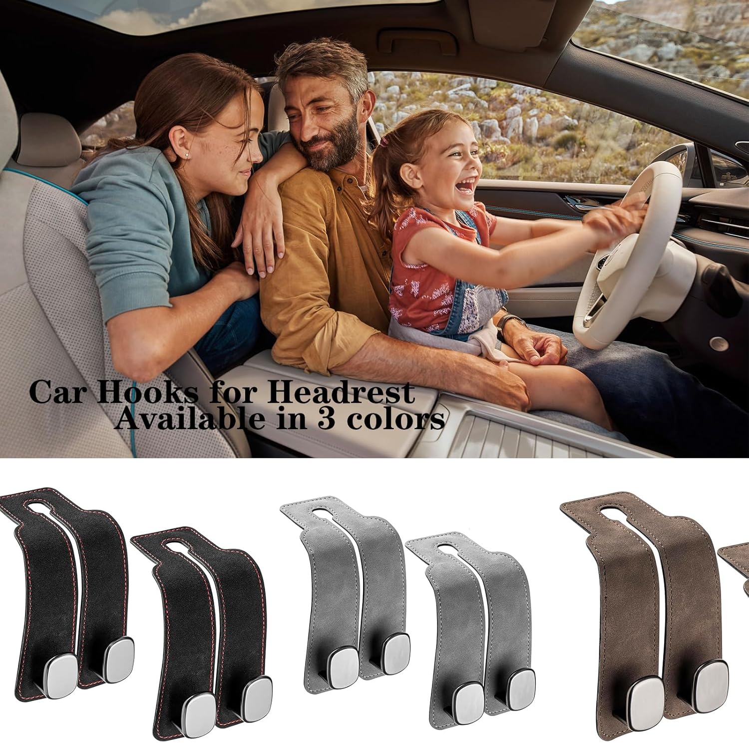 2 Pack Car Hooks for Headrest, Headrest Hooks Car Purse Hook Car Seat Back Storage Hook Premium Leather Car Seat Holder for Headrest Purses and Bags Black