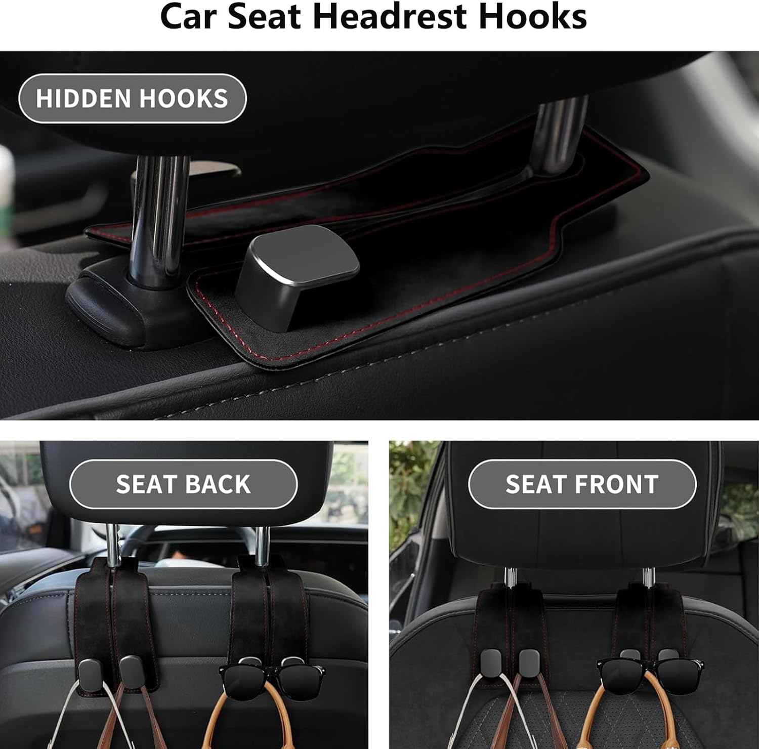 2 Pack Car Hooks for Headrest, Headrest Hooks Car Purse Hook Car Seat Back Storage Hook Premium Leather Car Seat Holder for Headrest Purses and Bags Black