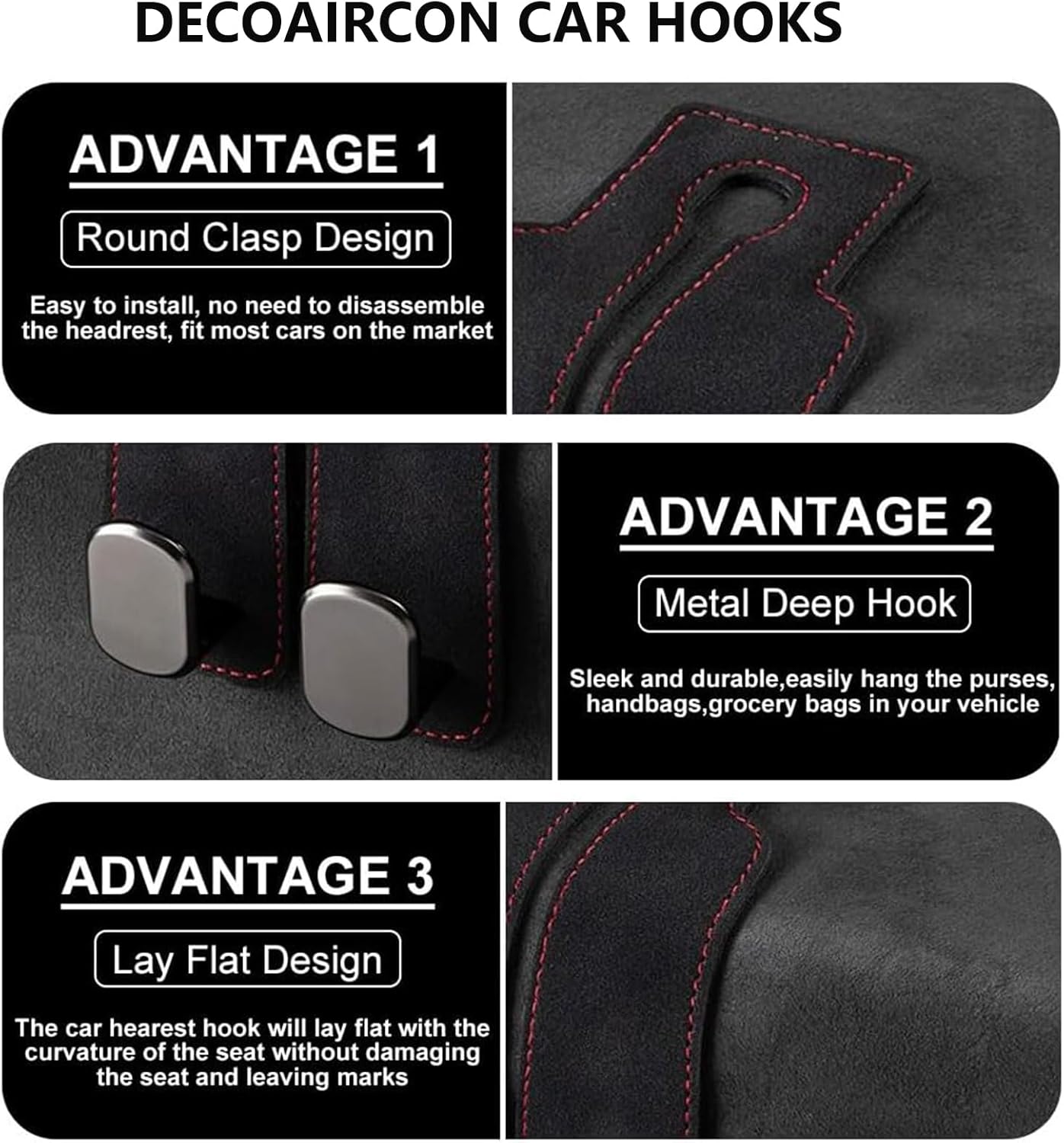 2 Pack Car Hooks for Headrest, Headrest Hooks Car Purse Hook Car Seat Back Storage Hook Premium Leather Car Seat Holder for Headrest Purses and Bags Black